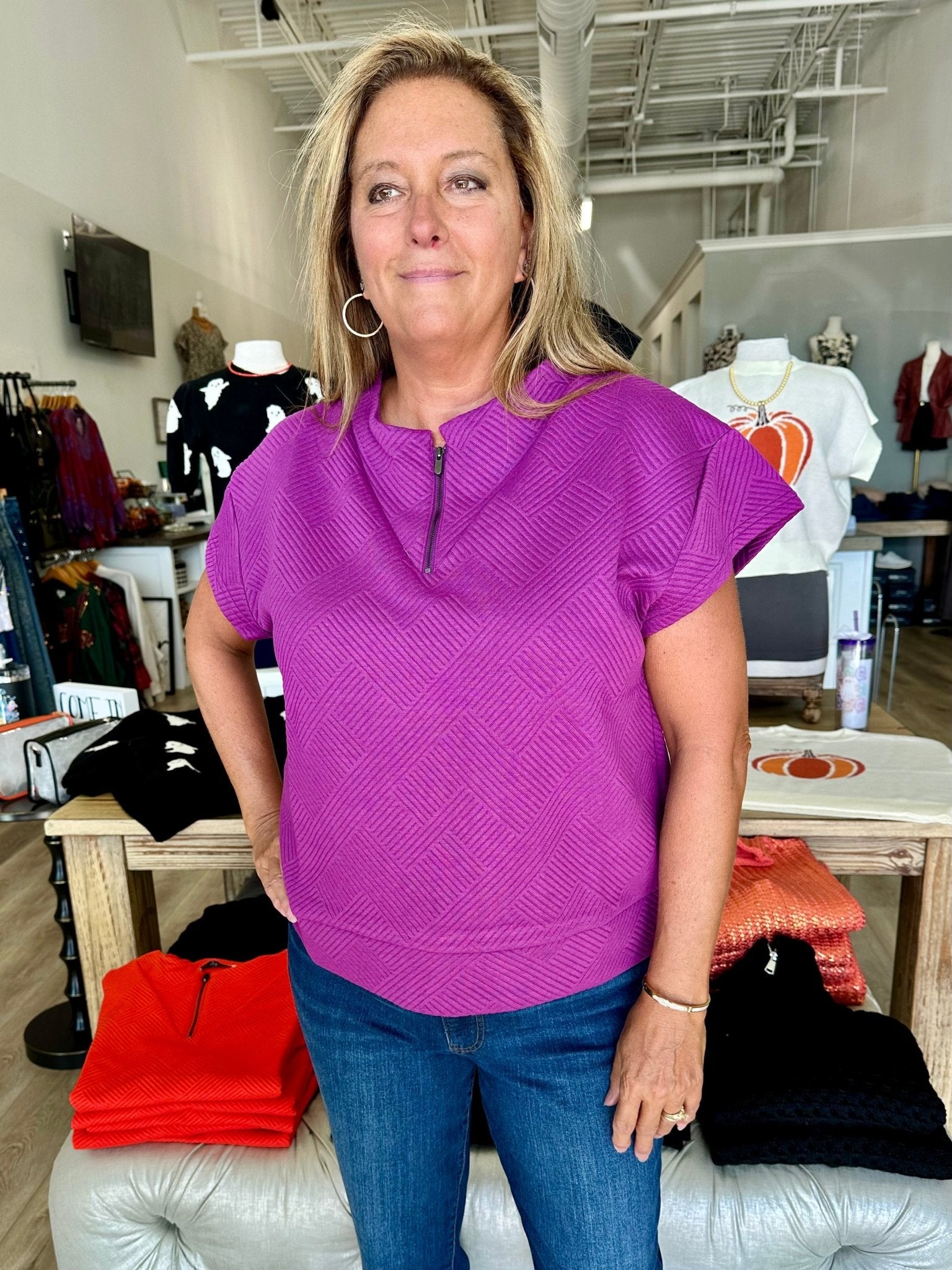 Textured Half Zip Top - Mainstream Boutique