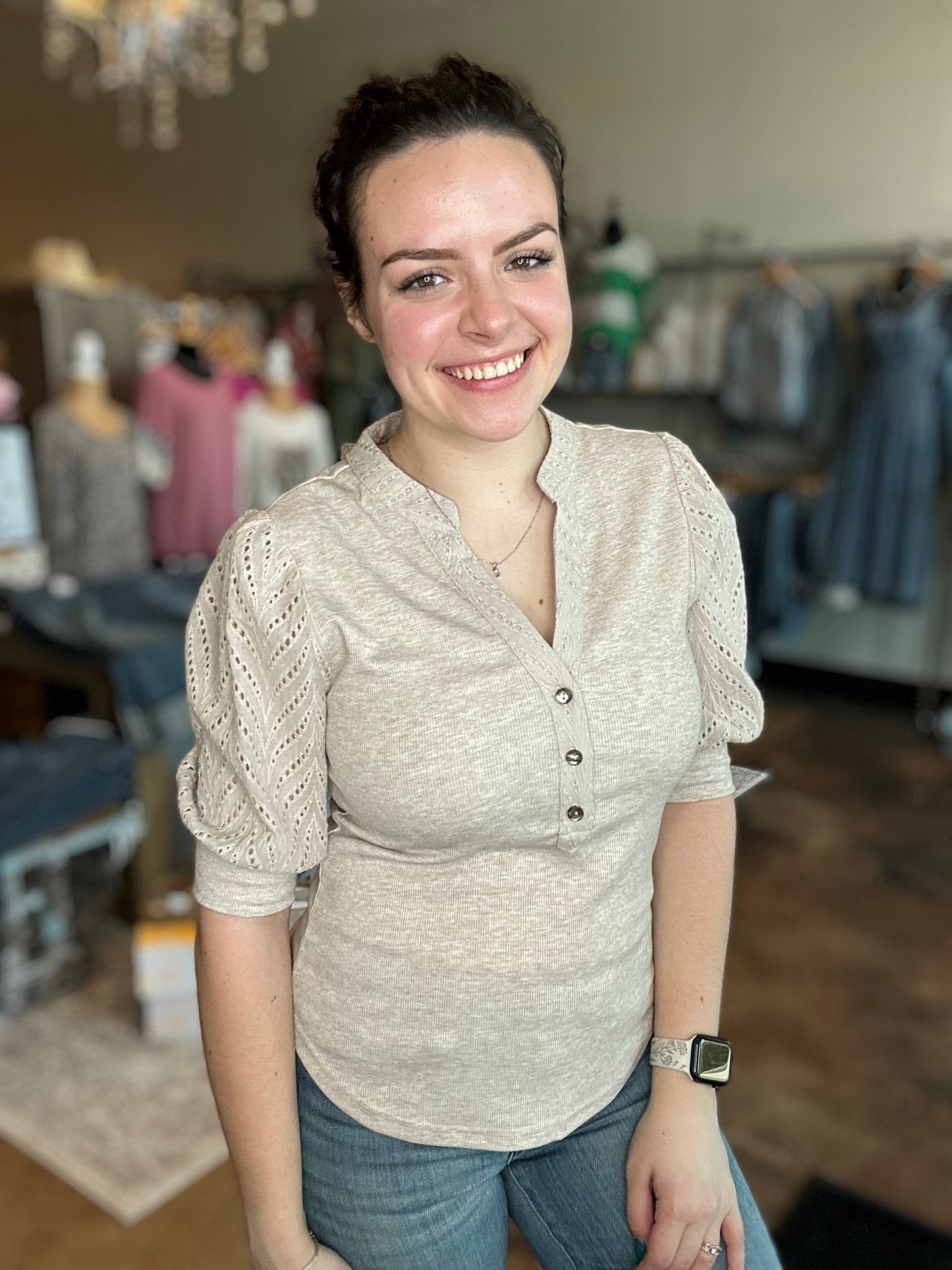 Puff Sleeve Contrast Top - Mainstream Boutique