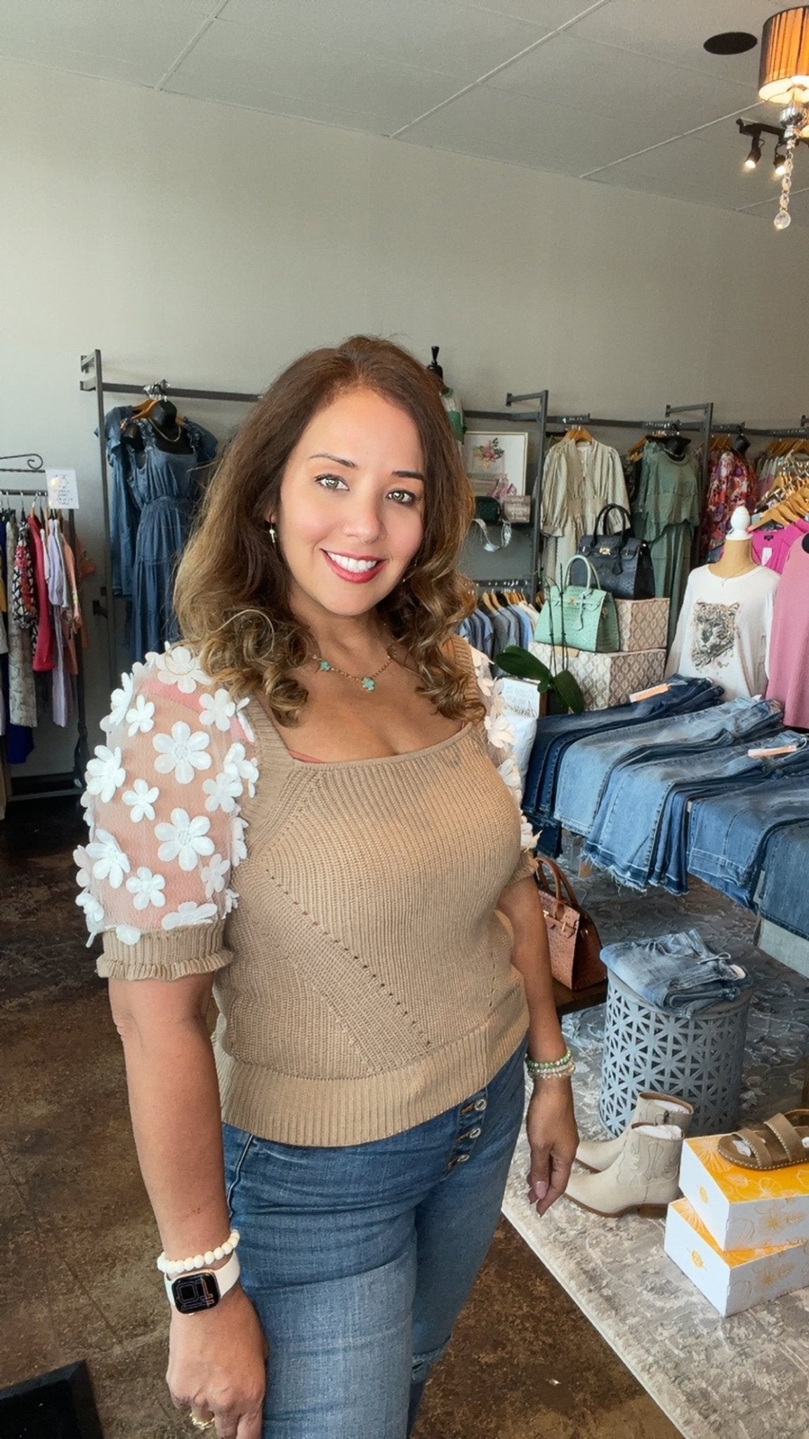 Floral Lace Puff Sleeve Sweater Top - Mainstream Boutique