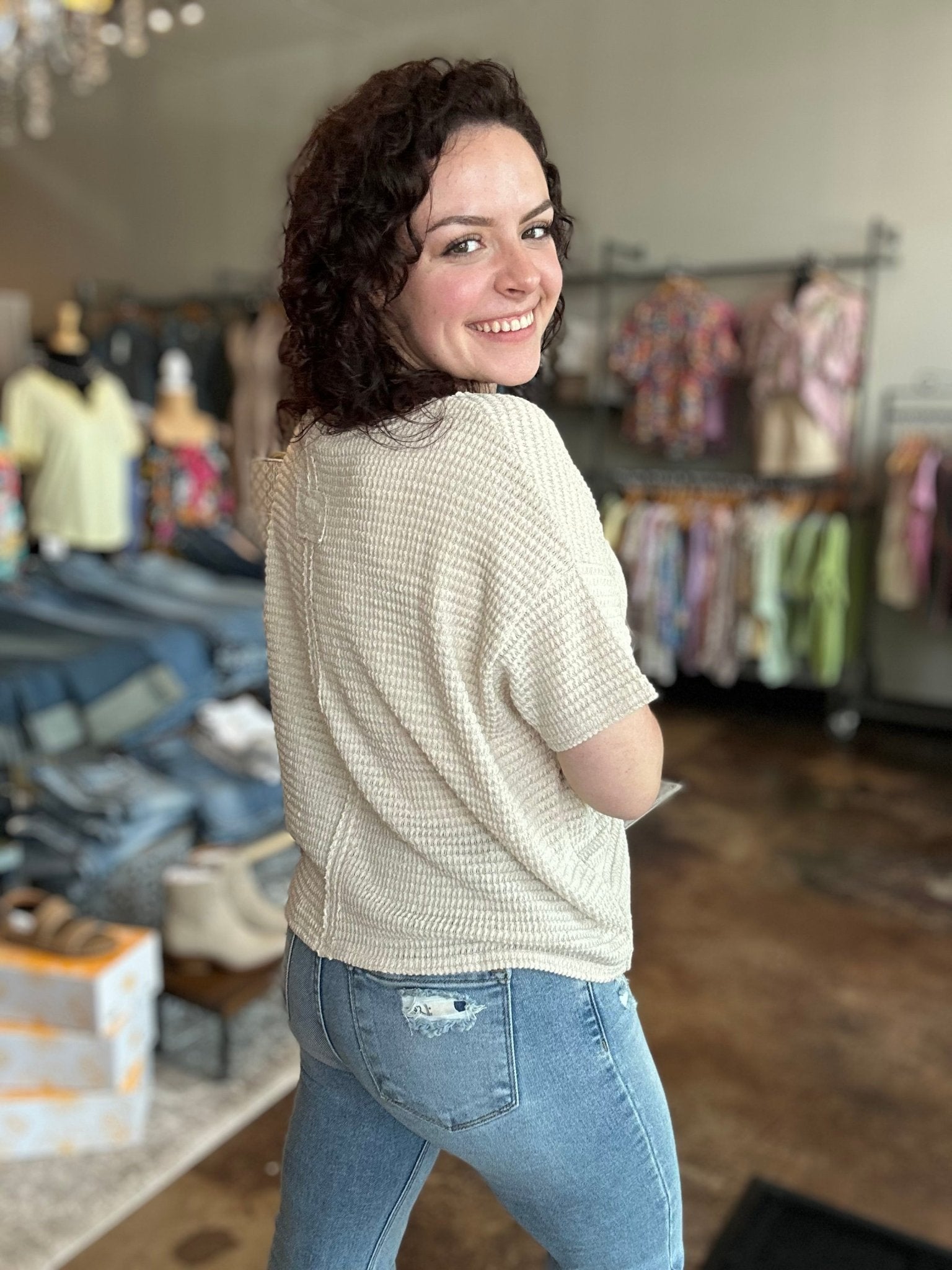 Drop Shoulder Short Sleeve Jacquard Sweater - Mainstream Boutique