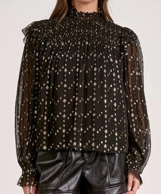 Midnight Sparkle Smocked Mock Neck Blouse - Mainstream Boutique