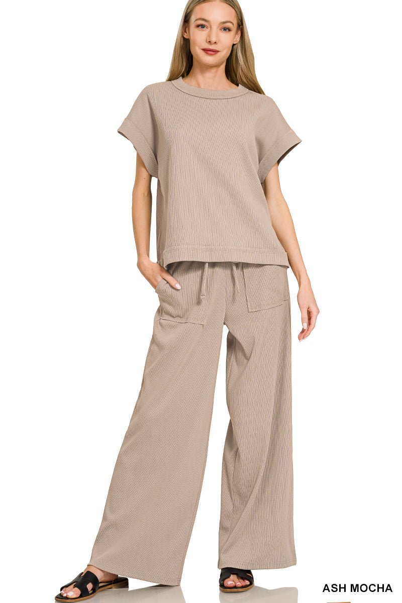 Ribbed Short Sleeve Top & Pants Set - Mainstream Boutique