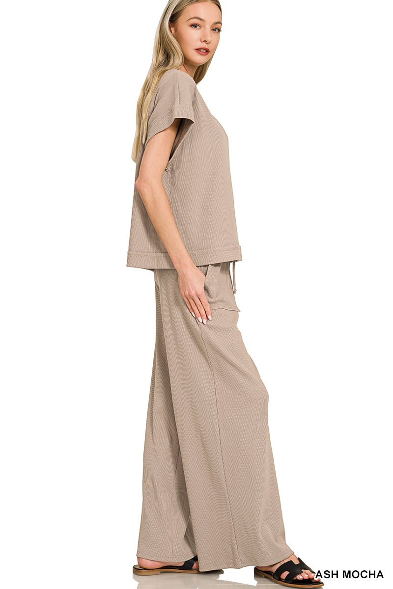 Ribbed Short Sleeve Top & Pants Set - Mainstream Boutique