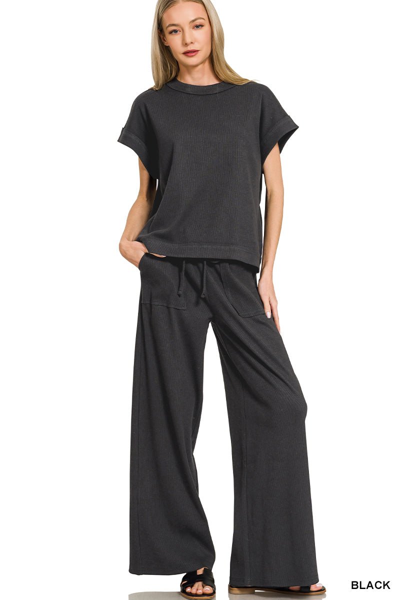 Ribbed Short Sleeve Top & Pants Set - Mainstream Boutique