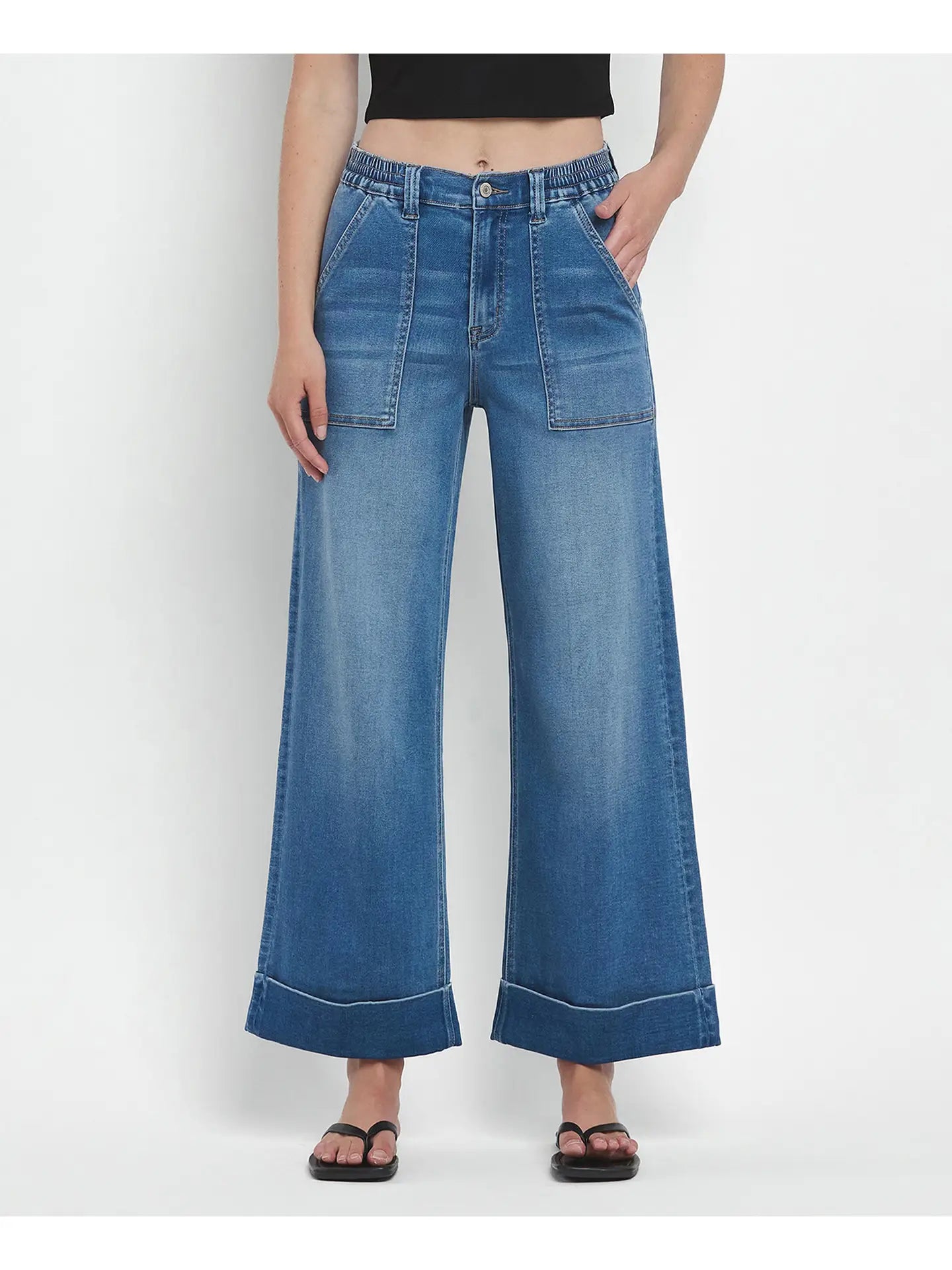 High Rise Double Cuffed Baggy Wide Jeans - Mainstream Boutique