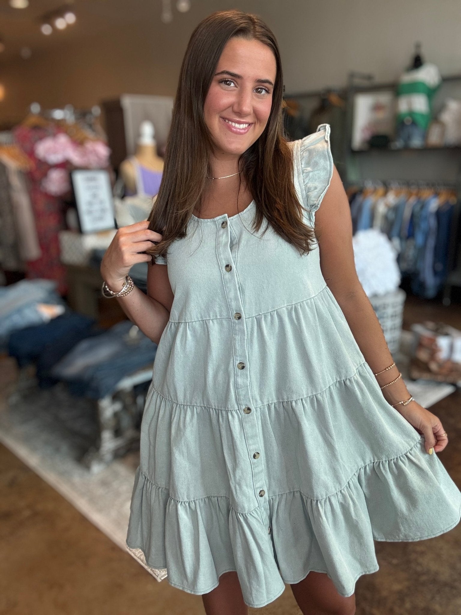 Ruffle Sleeve Button Down Twill Dress - Mainstream Boutique