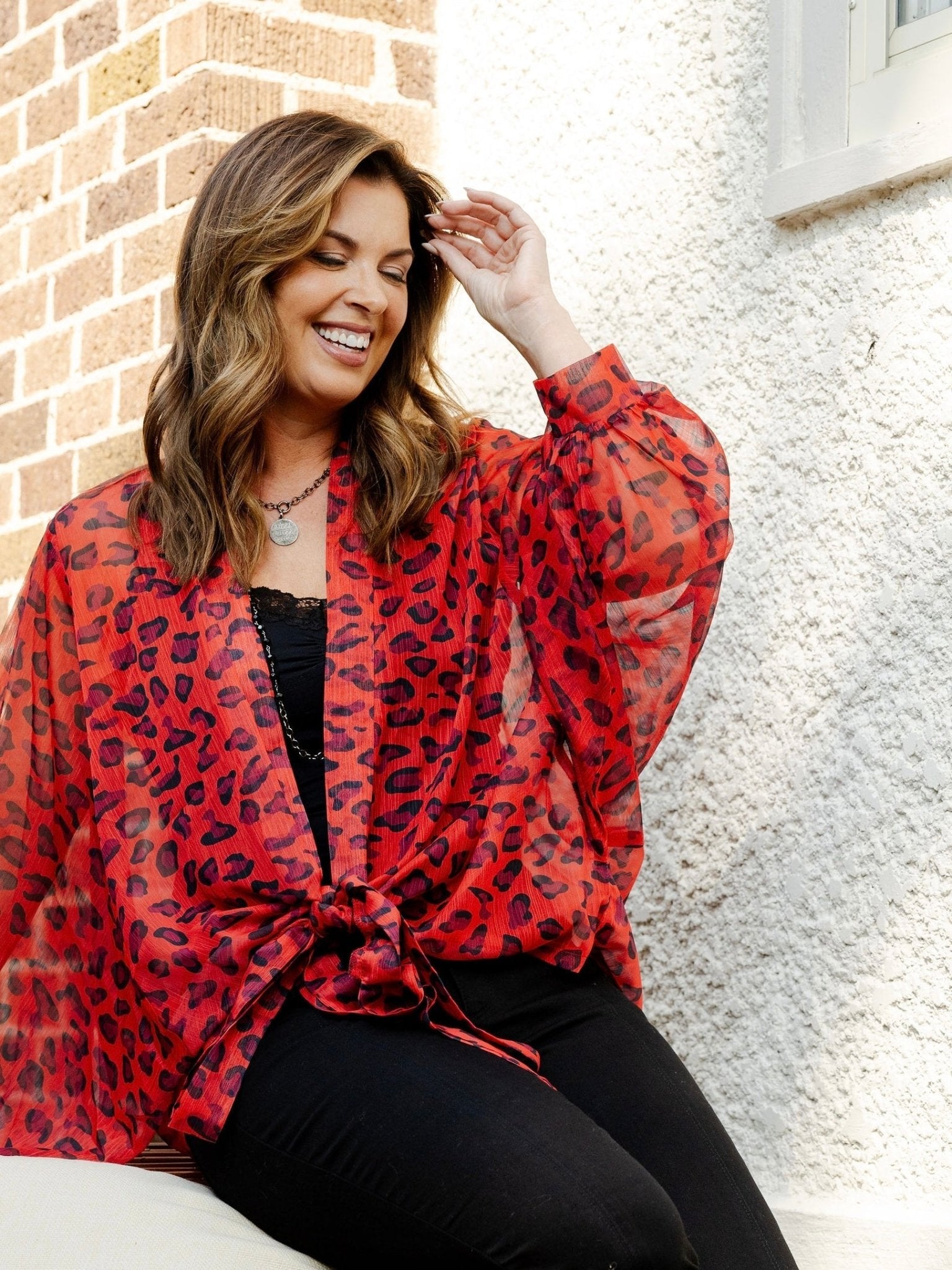 MM Tie Front Kimono - Red Leopard - Mainstream Boutique