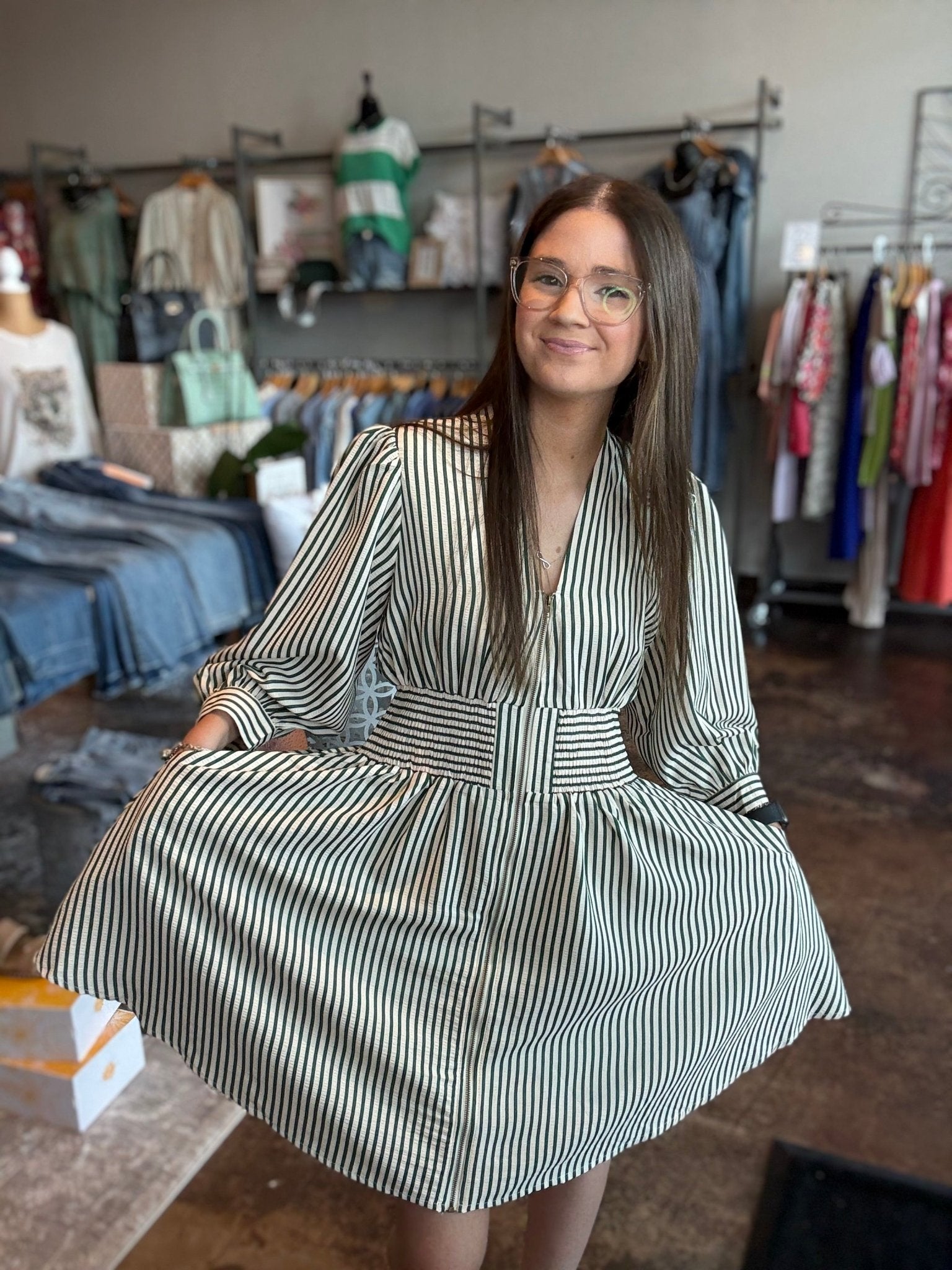 Puff Sleeve Striped Zip - Up Dress - Mainstream Boutique