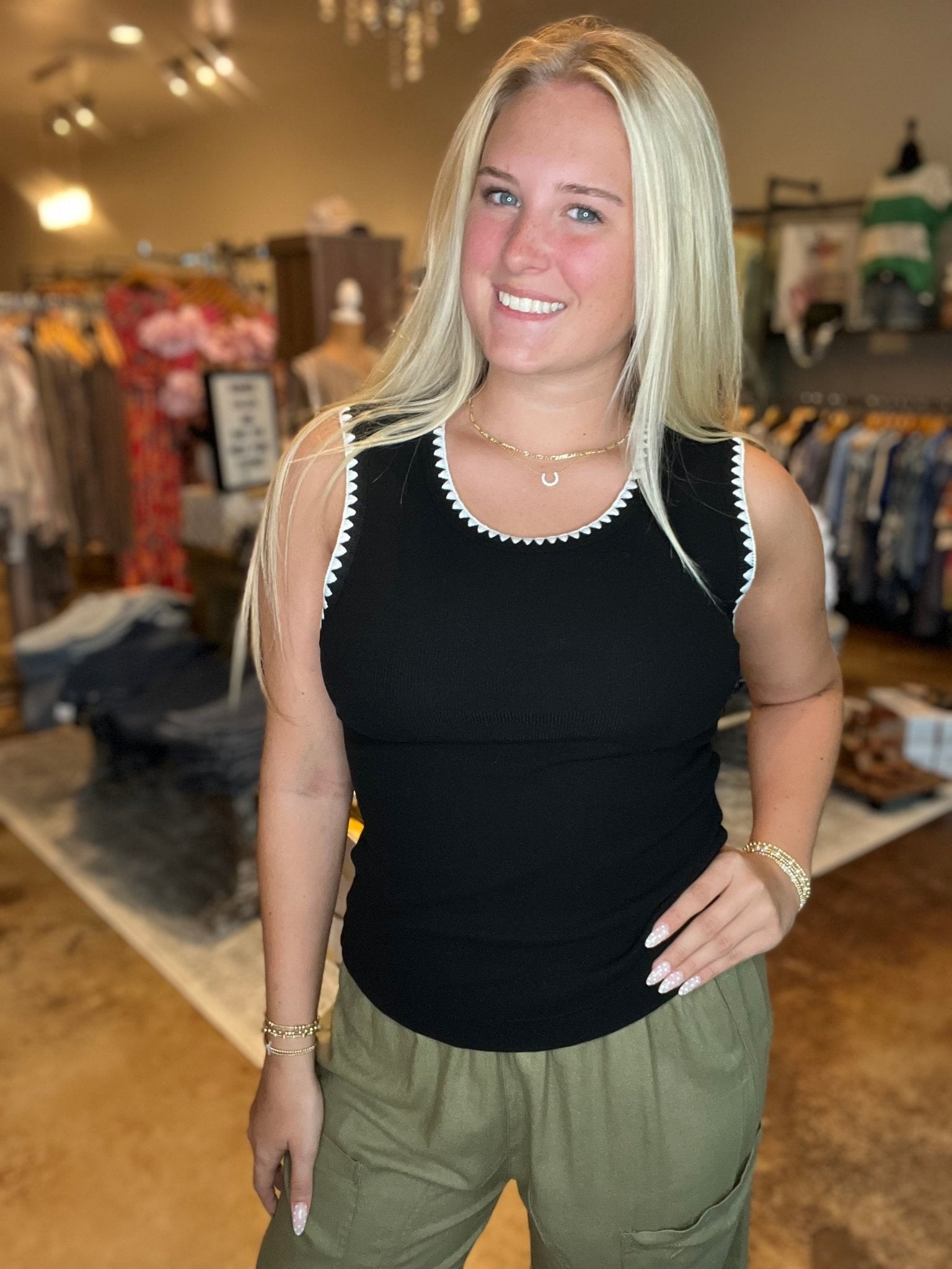 Rib Sleeveless Tank With Embroidery Detail - Mainstream Boutique