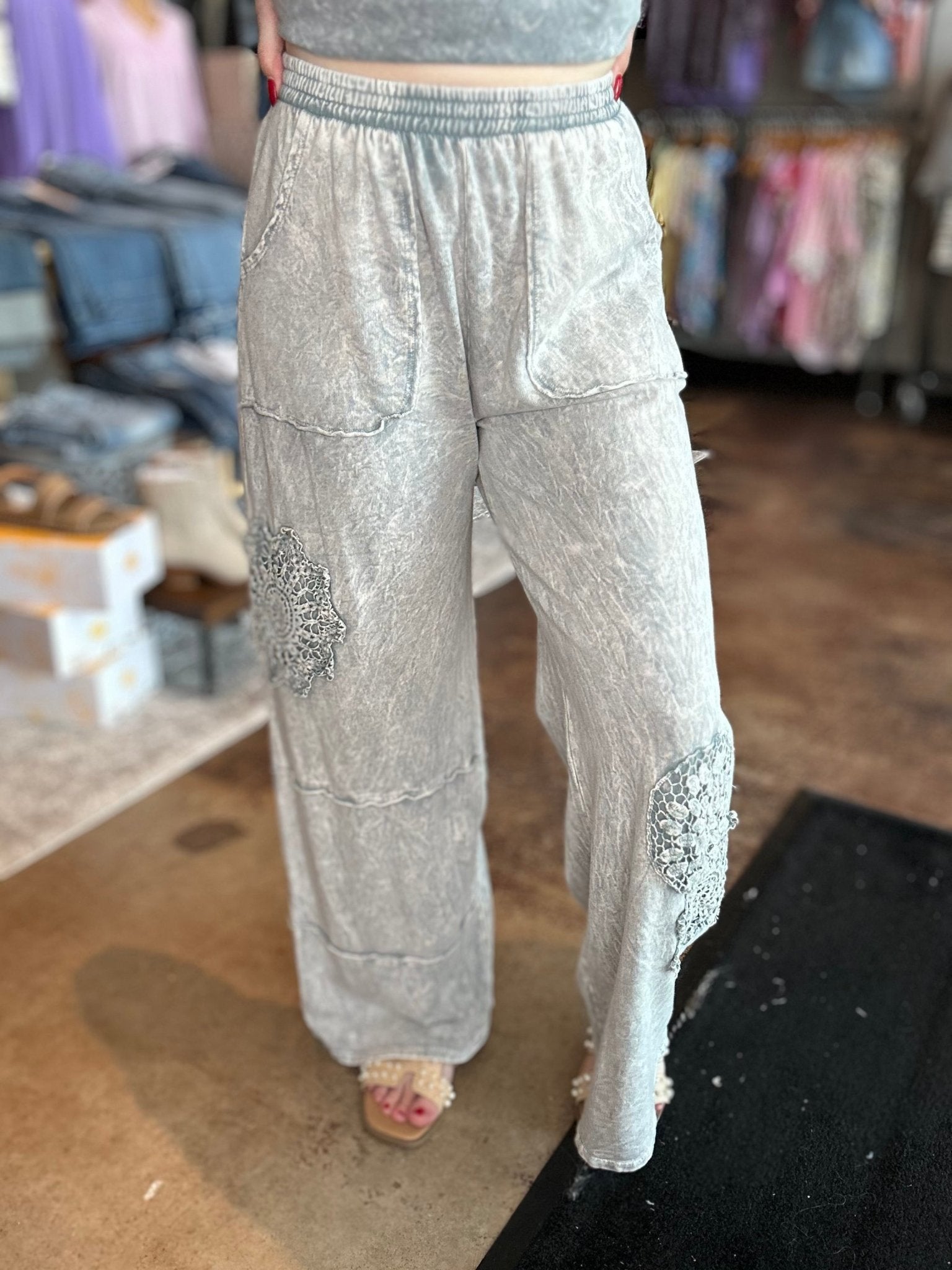 Mineral Washed Doily Detail Wide Leg Pants - Mainstream Boutique