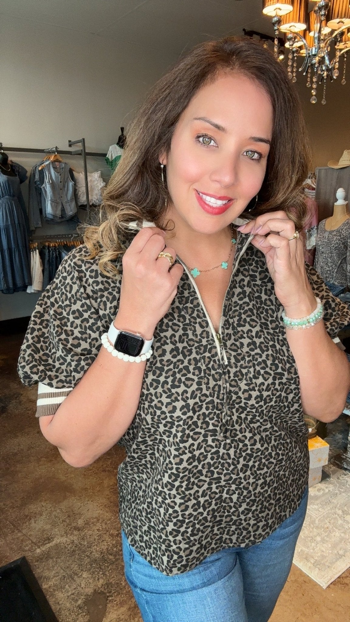 Leopard Half - Zip Puff Sleeve Top - Mainstream Boutique