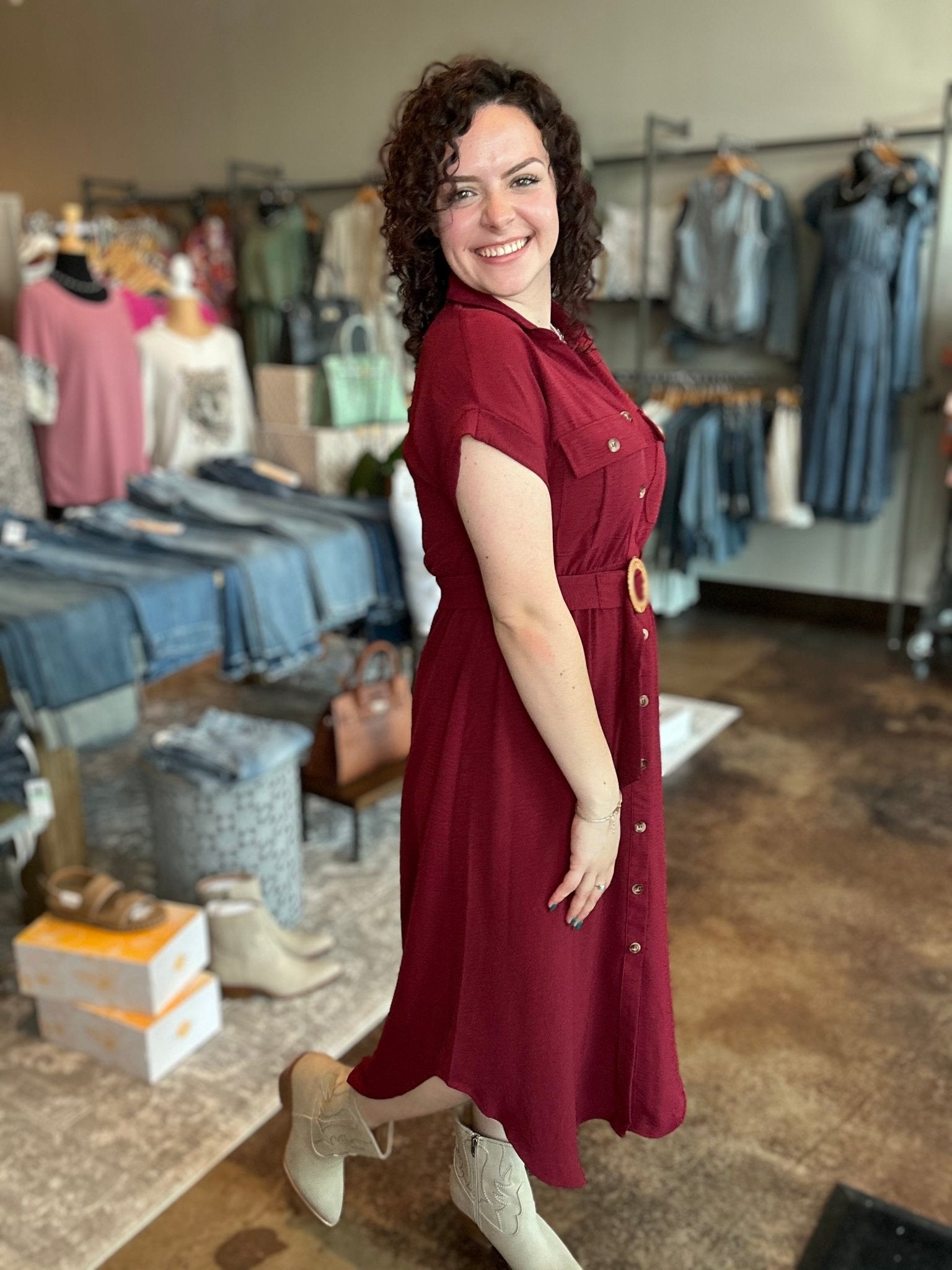 Button Down Belted Midi Dress - Mainstream Boutique