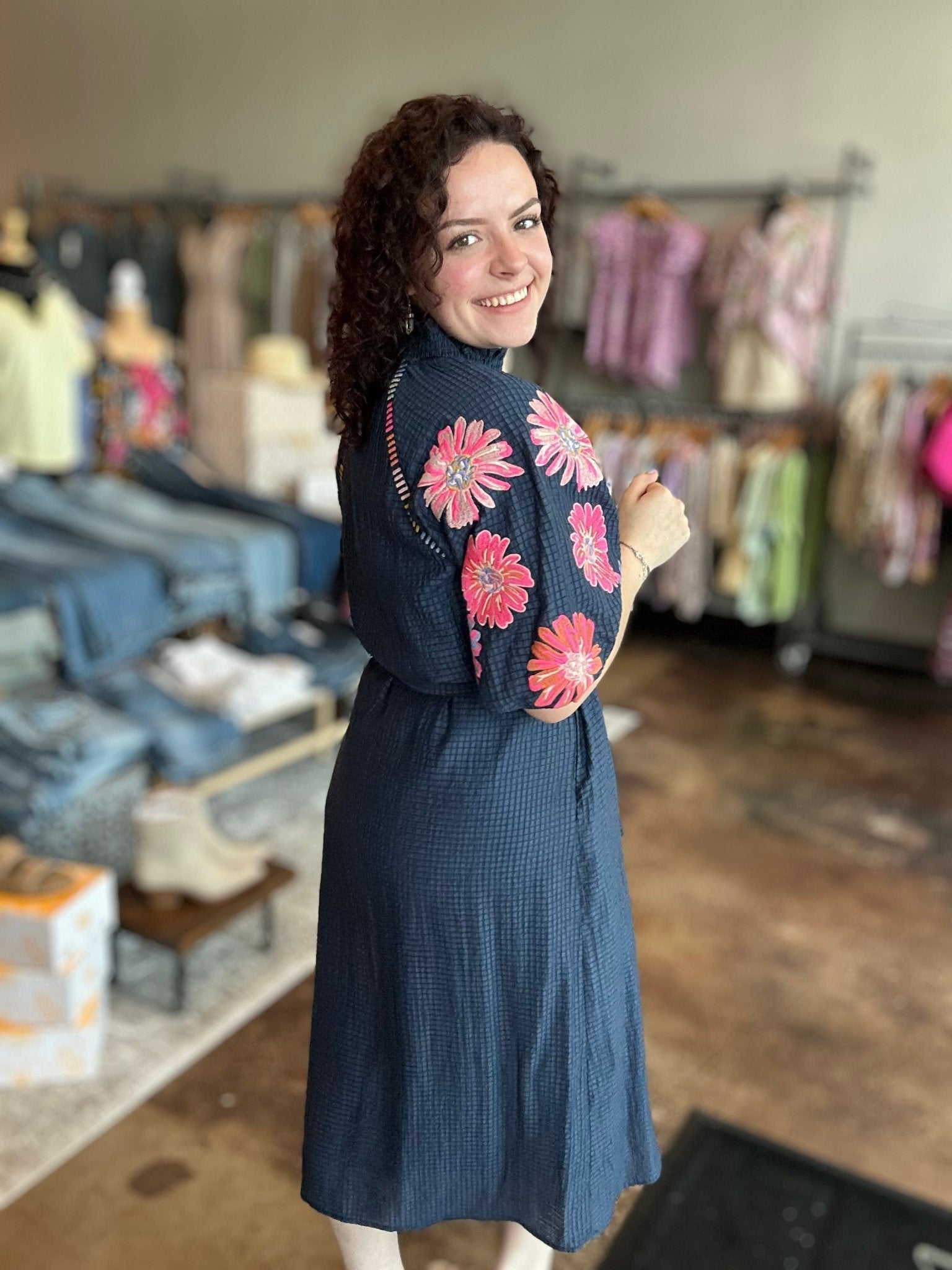 Embroidered Puff Sleeve Textured Dress - Mainstream Boutique