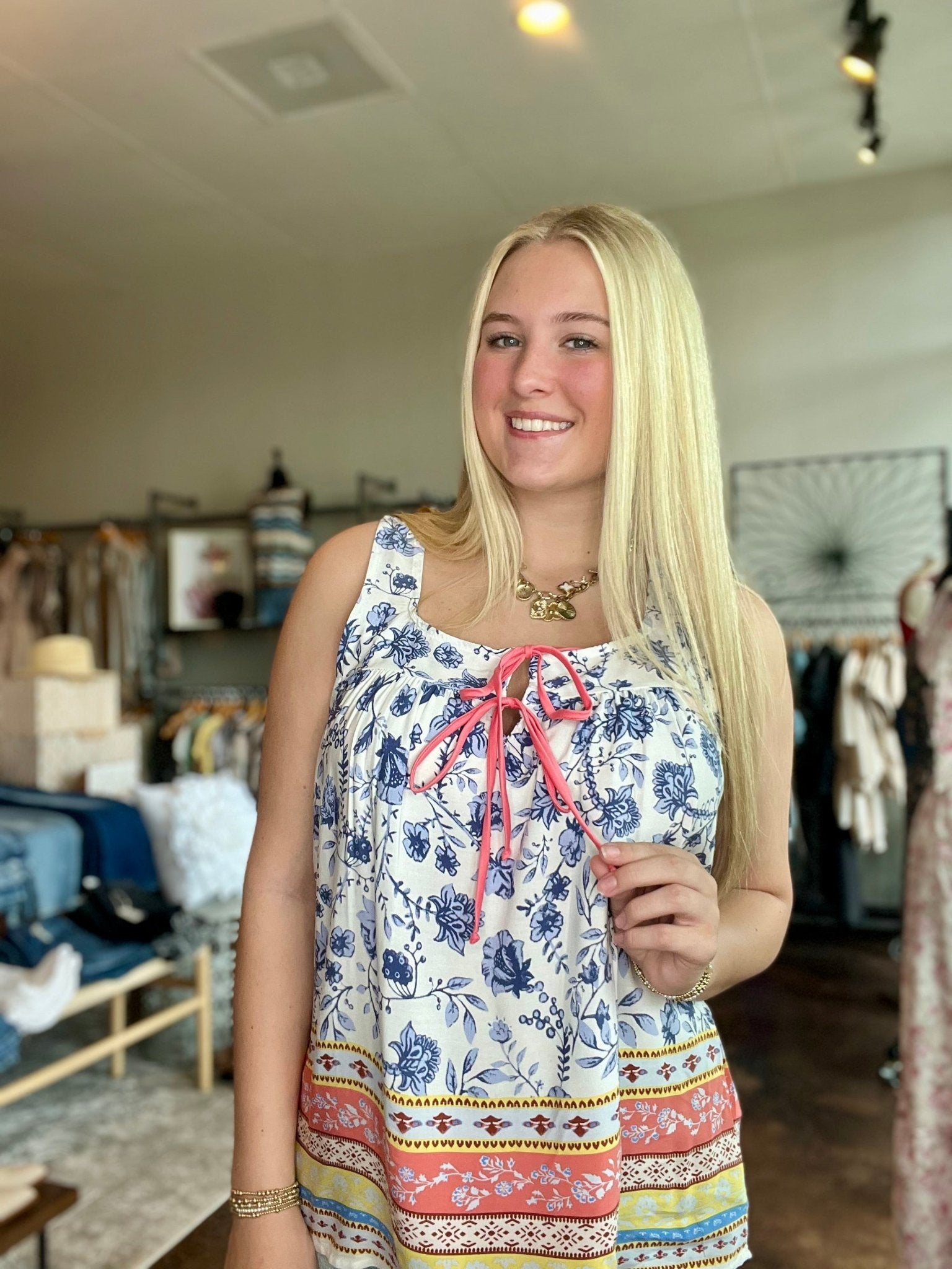 Floral Square Neck Babydoll Top With Front Ties - Mainstream Boutique