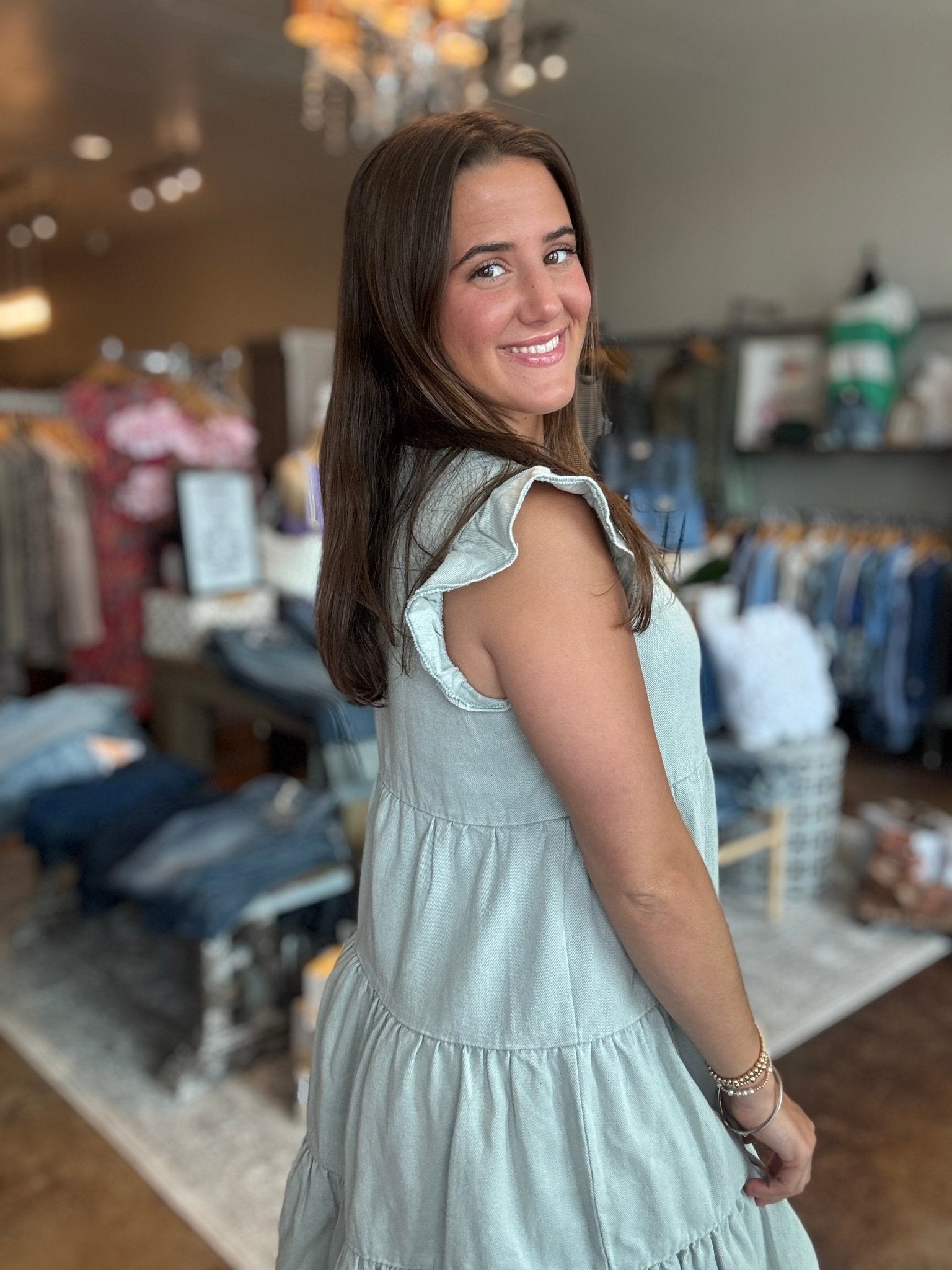 Ruffle Sleeve Button Down Twill Dress - Mainstream Boutique