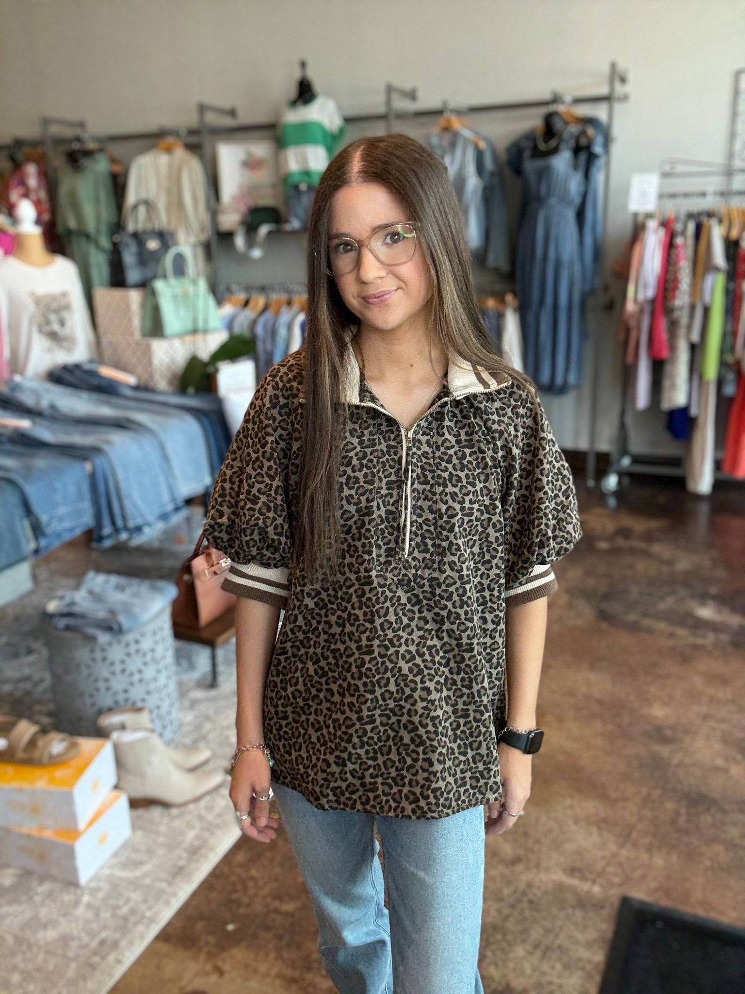 Leopard Half - Zip Puff Sleeve Top - Mainstream Boutique