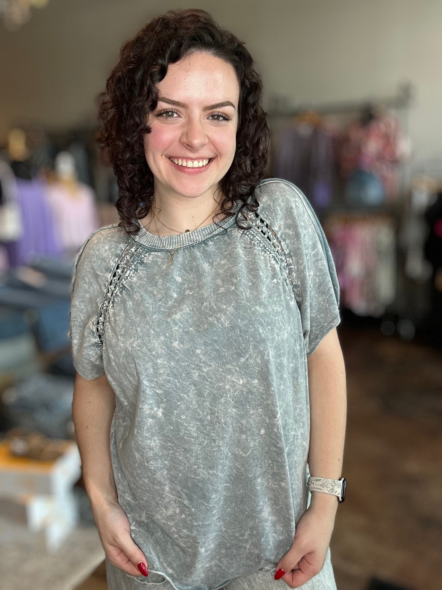 Mineral Washed Floral Trim Top - Mainstream Boutique