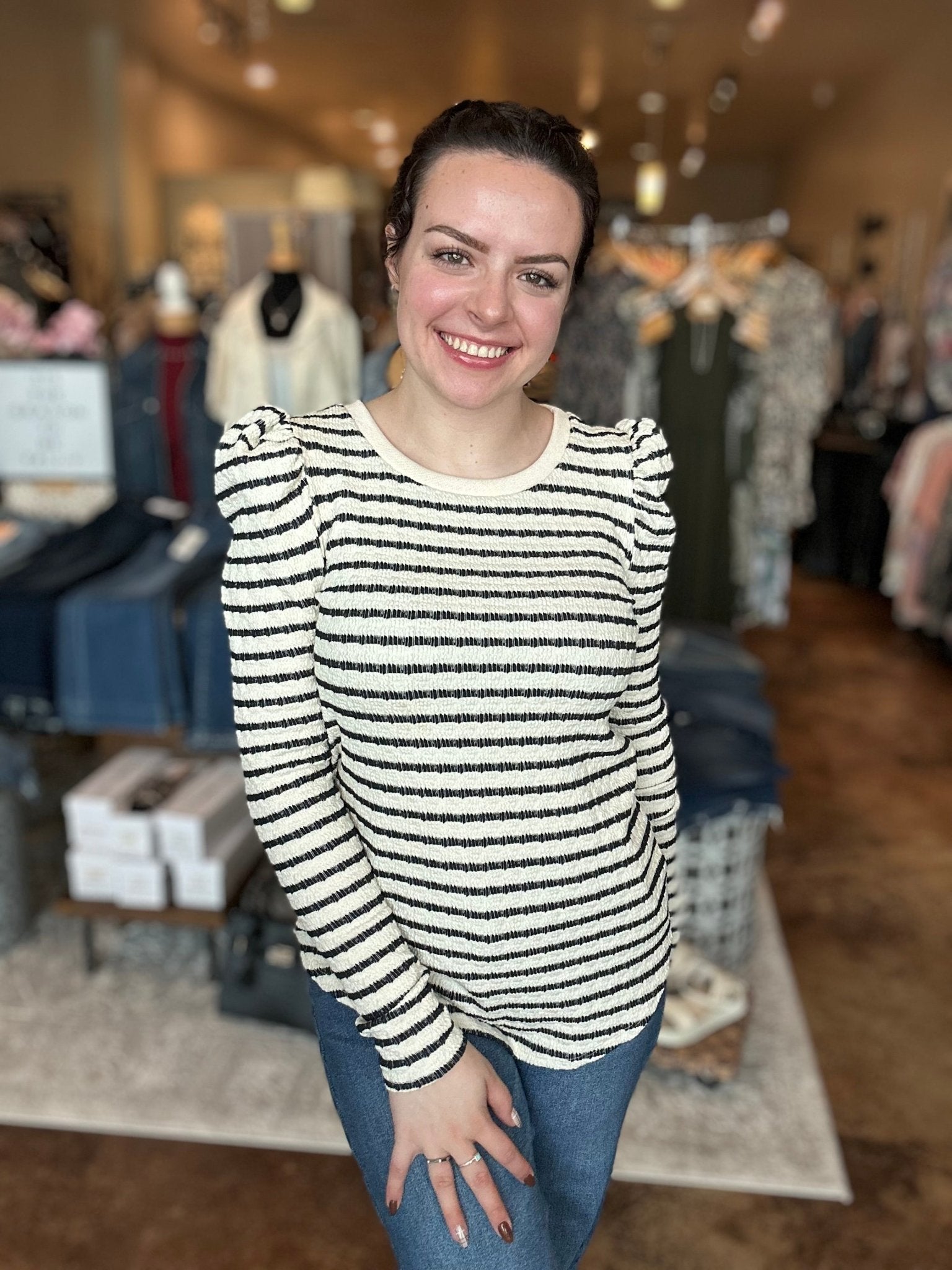Striped Long Puff Sleeve Top - Mainstream Boutique