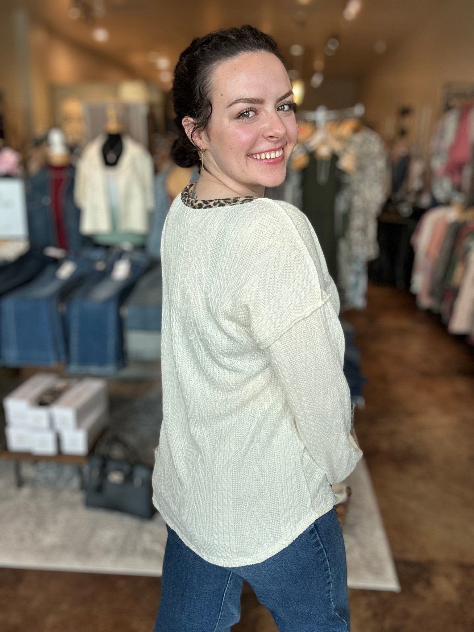 Animal Print Contrast Cable Knit Top - Mainstream Boutique
