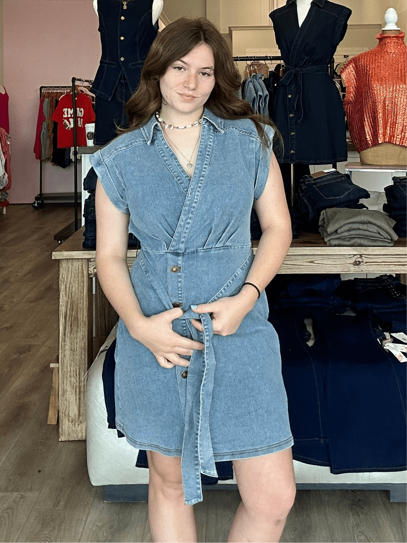 SHORT SLEEVE SURPLICE V NECK DENIM MINI DRESS W/SIDE ZIPPER - Mainstream Boutique