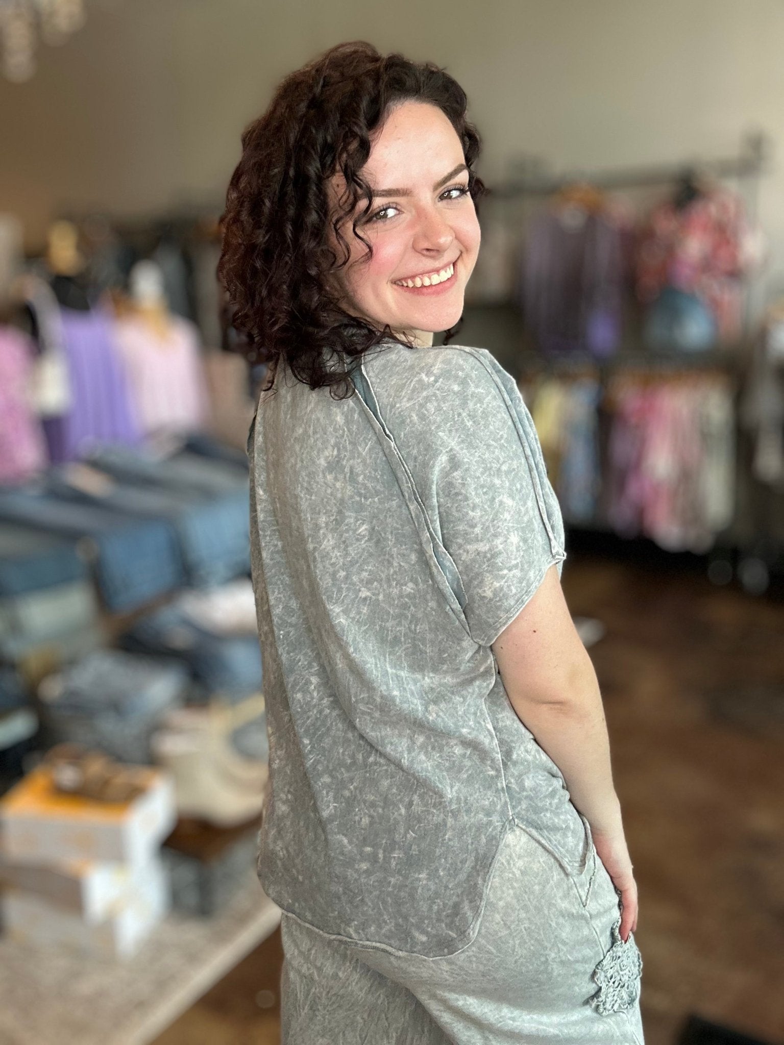 Mineral Washed Floral Trim Top - Mainstream Boutique