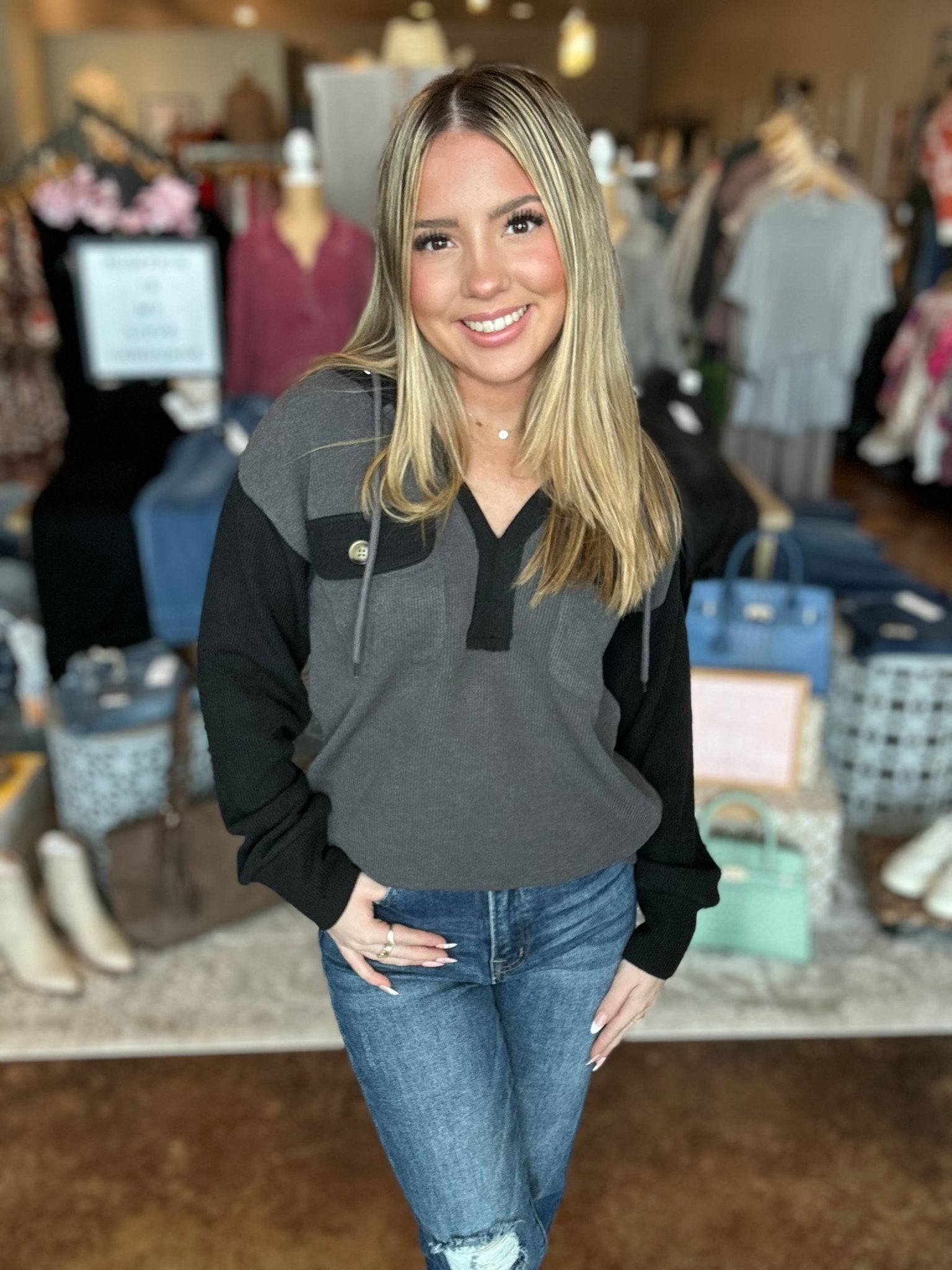 Split Neck Hoodie Top - Mainstream Boutique