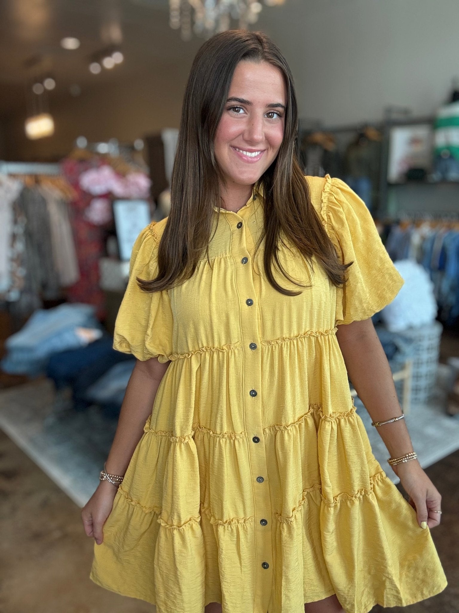 Puff Sleeve Button Down Tiered Dress - Mainstream Boutique