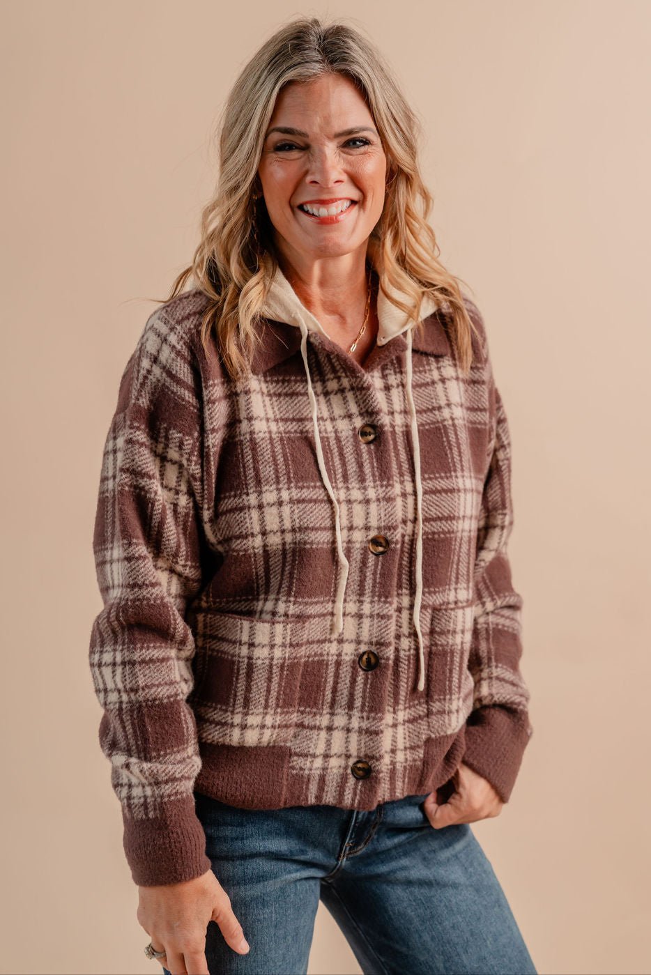 Collared Button - Down Long - Sleeve Pockets Detachable Hood Vest - Mainstream Boutique