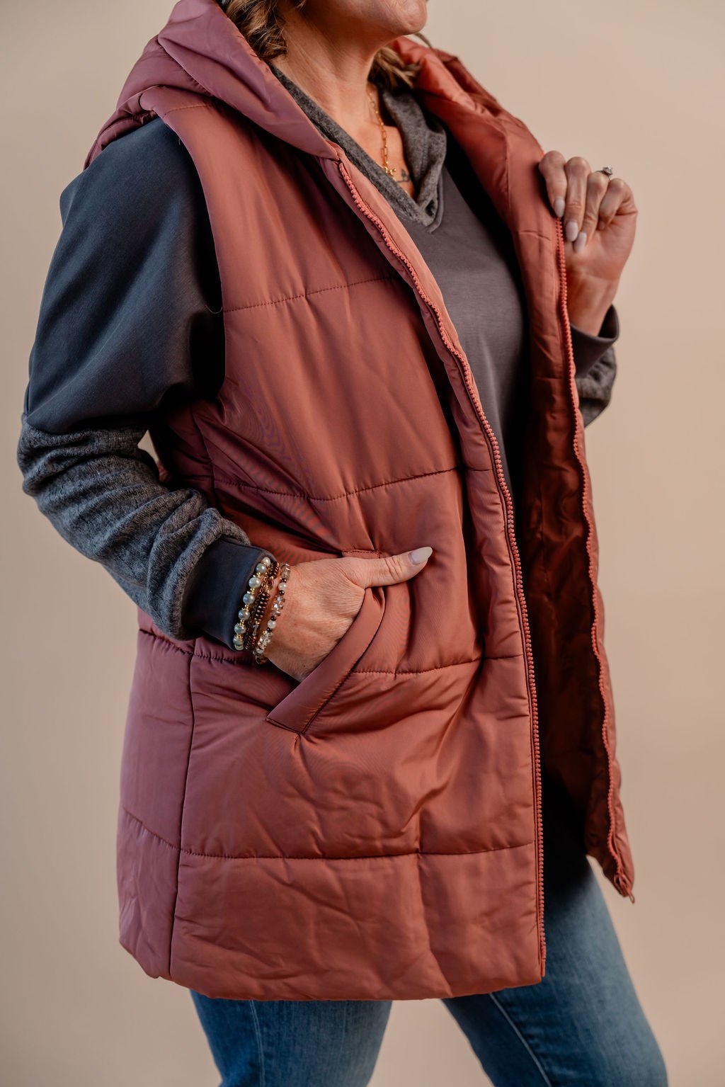 Hooded Puffer Vest W/ Zip Front - Mainstream Boutique