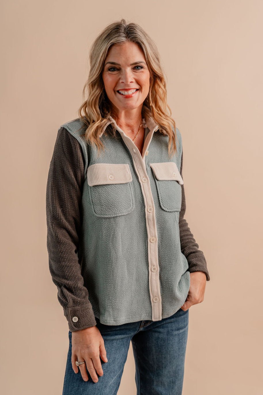 Collared Button Down Color Blocked Corduroy Top - Mainstream Boutique