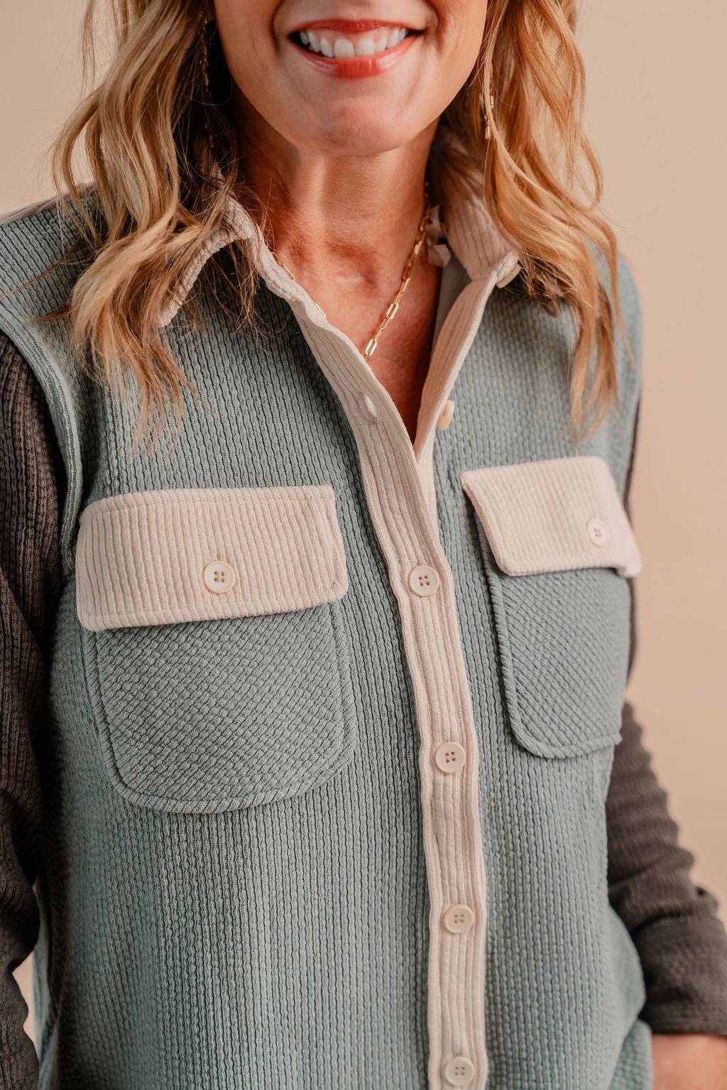 Collared Button Down Color Blocked Corduroy Top - Mainstream Boutique