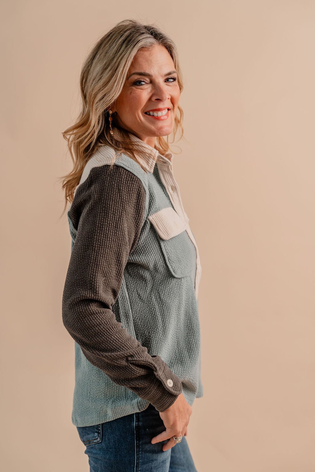 Collared Button Down Color Blocked Corduroy Top - Mainstream Boutique
