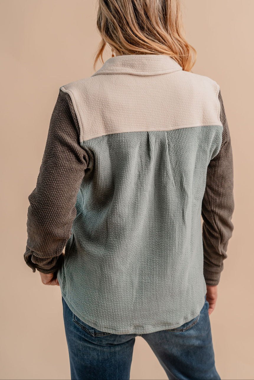 Collared Button Down Color Blocked Corduroy Top - Mainstream Boutique