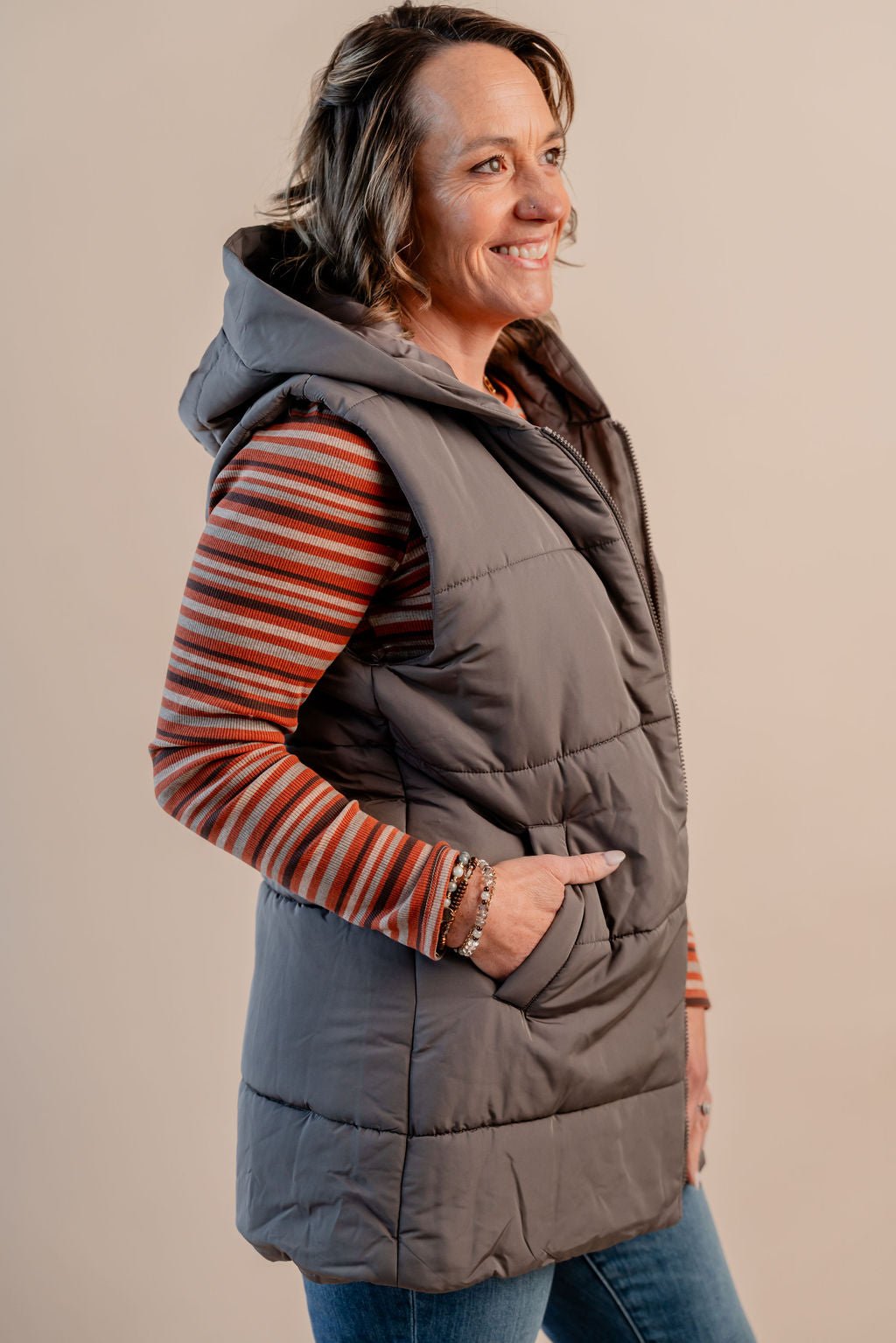 Hooded Puffer Vest W/ Zip Front - Mainstream Boutique