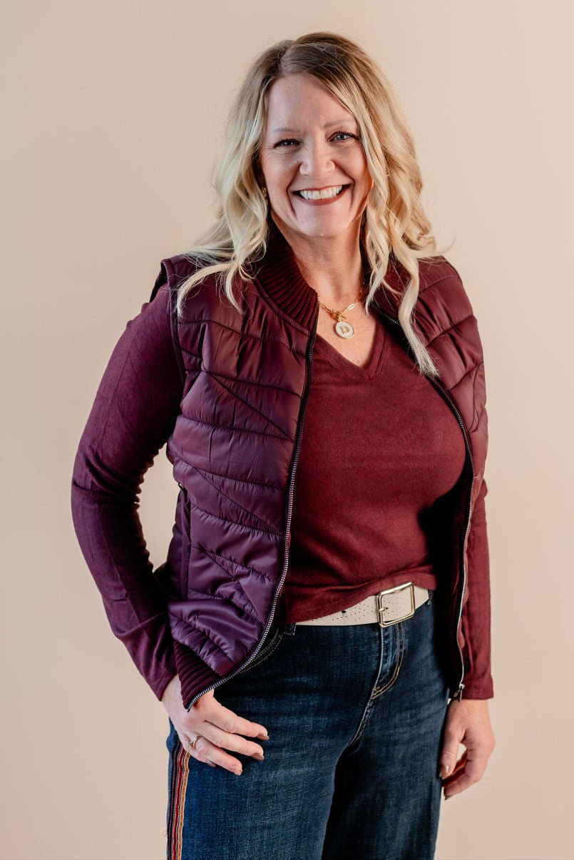 Sleeveless Quilted Front Full Zip Sweater Vest - Mainstream Boutique
