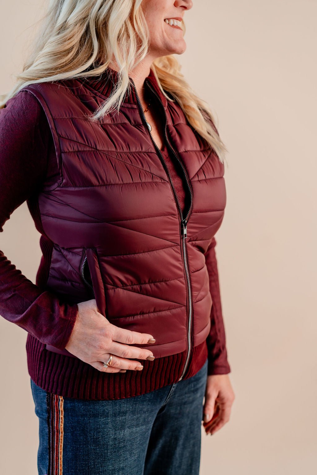 Sleeveless Quilted Front Full Zip Sweater Vest - Mainstream Boutique