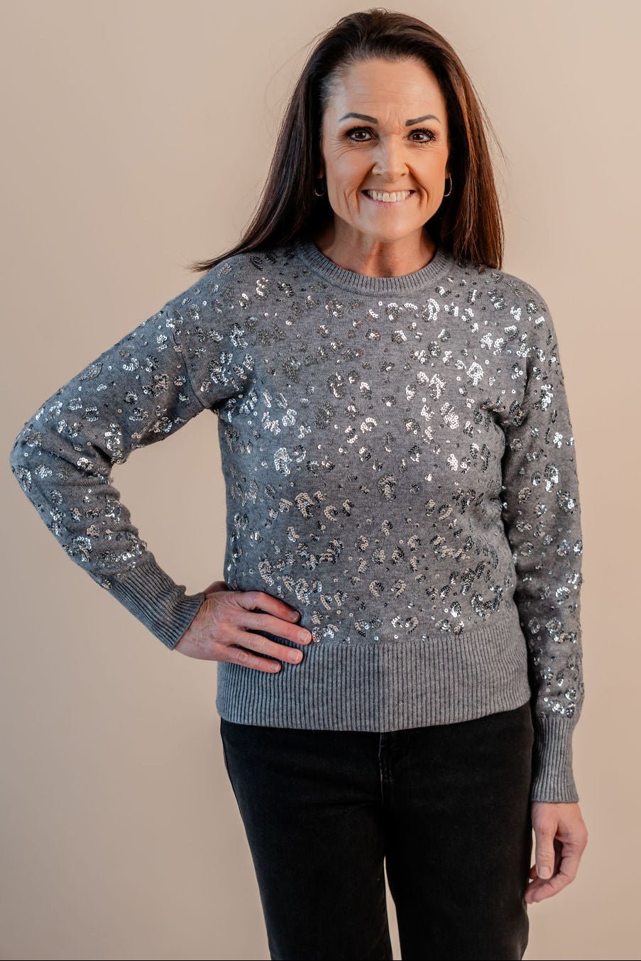 Sequined Drop Shoulder Crewneck Sweater - Mainstream Boutique