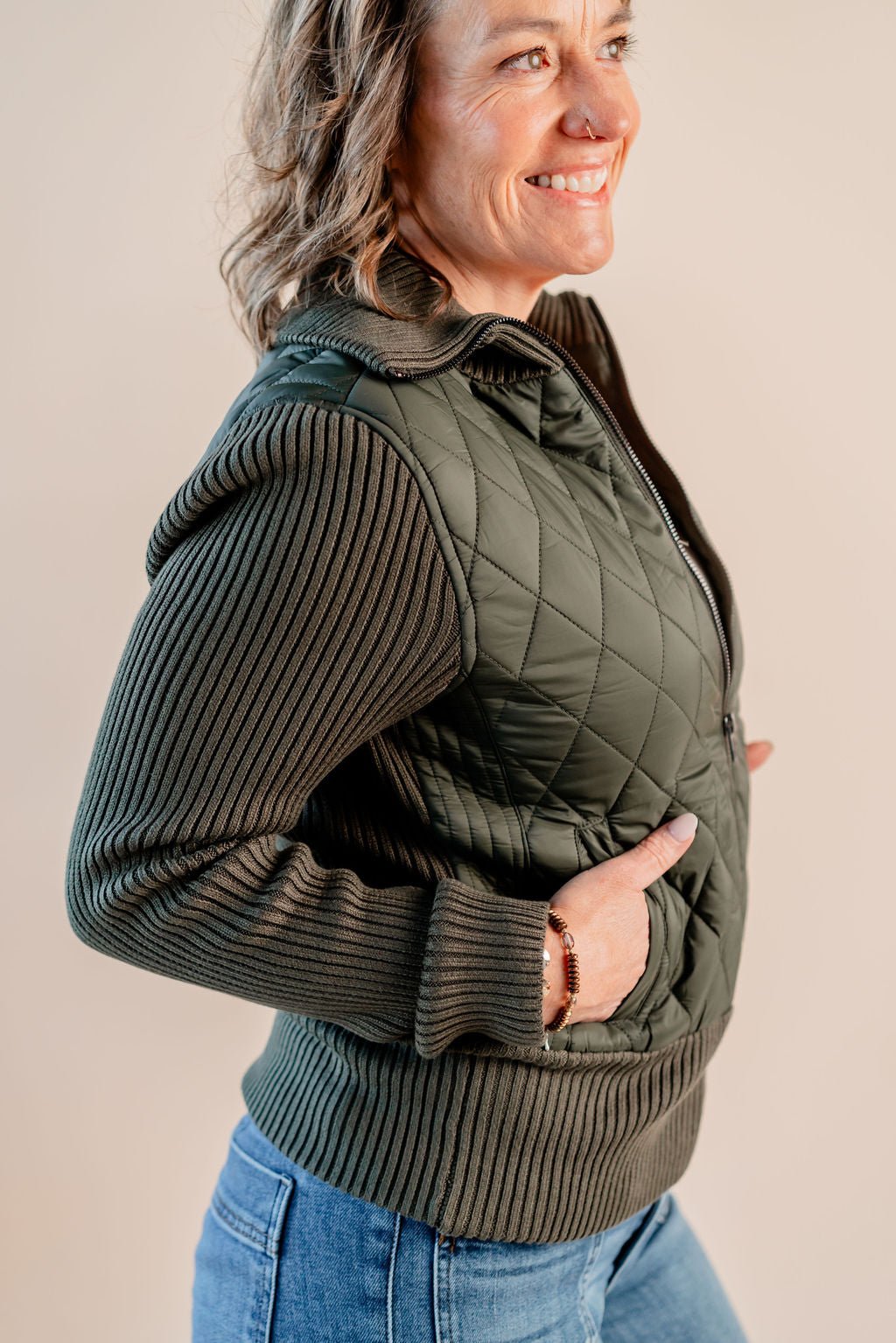 Long Sleeve Zip Front Sweater/Woven Jacket - Mainstream Boutique