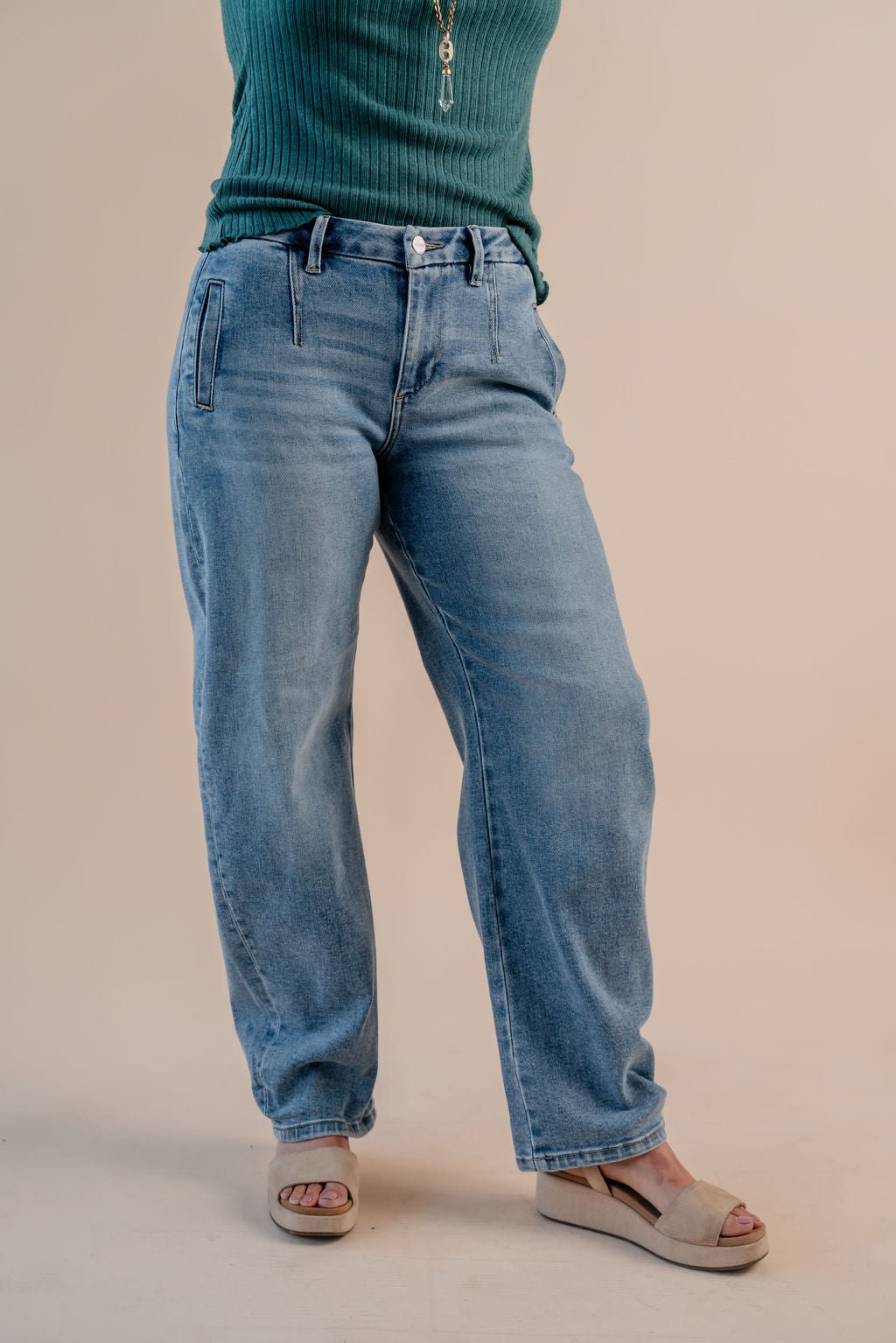 Mid Rise Fit Barrel Roll Up Jeans - Mainstream Boutique