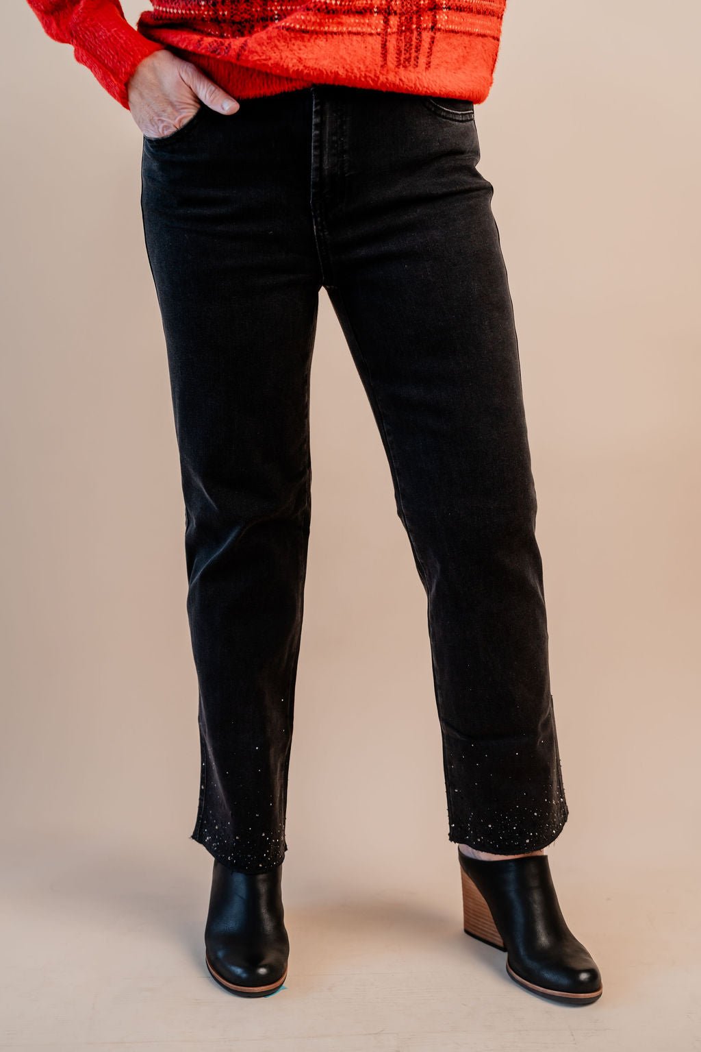 Straight Leg Denim Pants W/ Rhinestones - Mainstream Boutique
