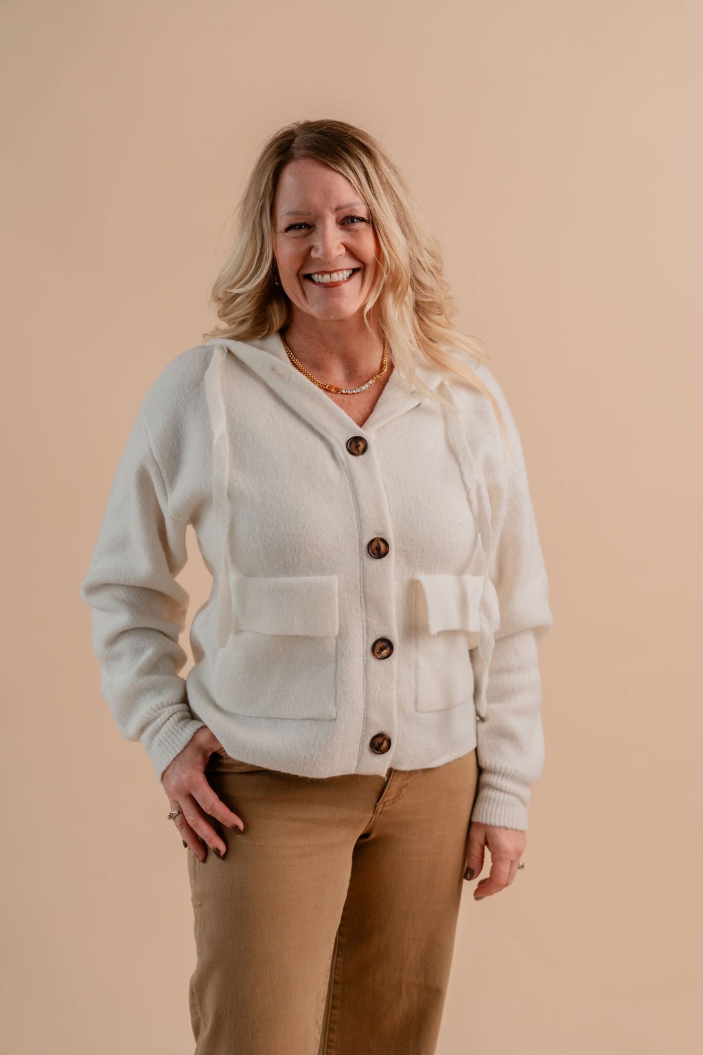 Drawstring Button Closure Long Sleeve Sweater Vest - Mainstream Boutique