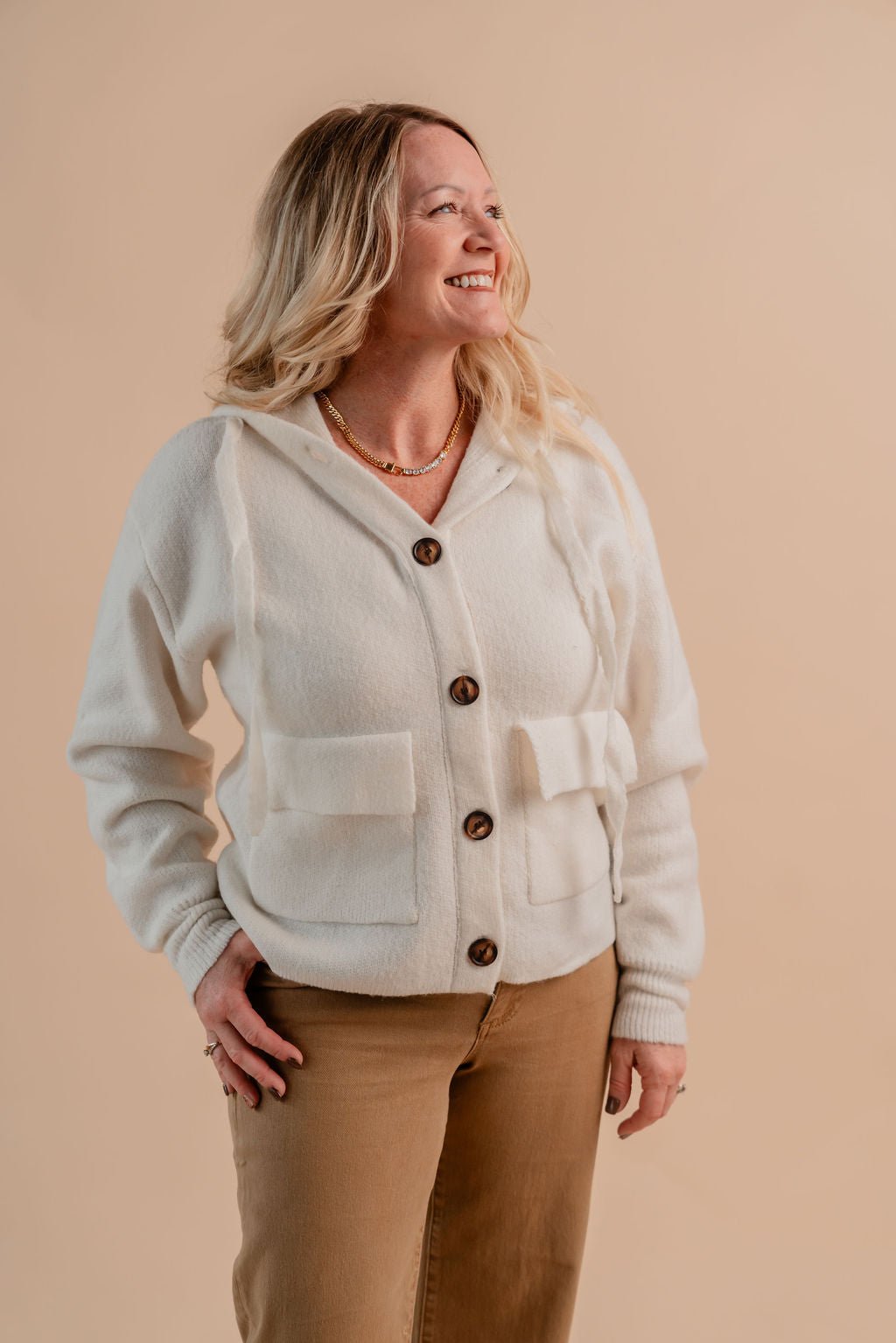 Drawstring Button Closure Long Sleeve Sweater Vest - Mainstream Boutique