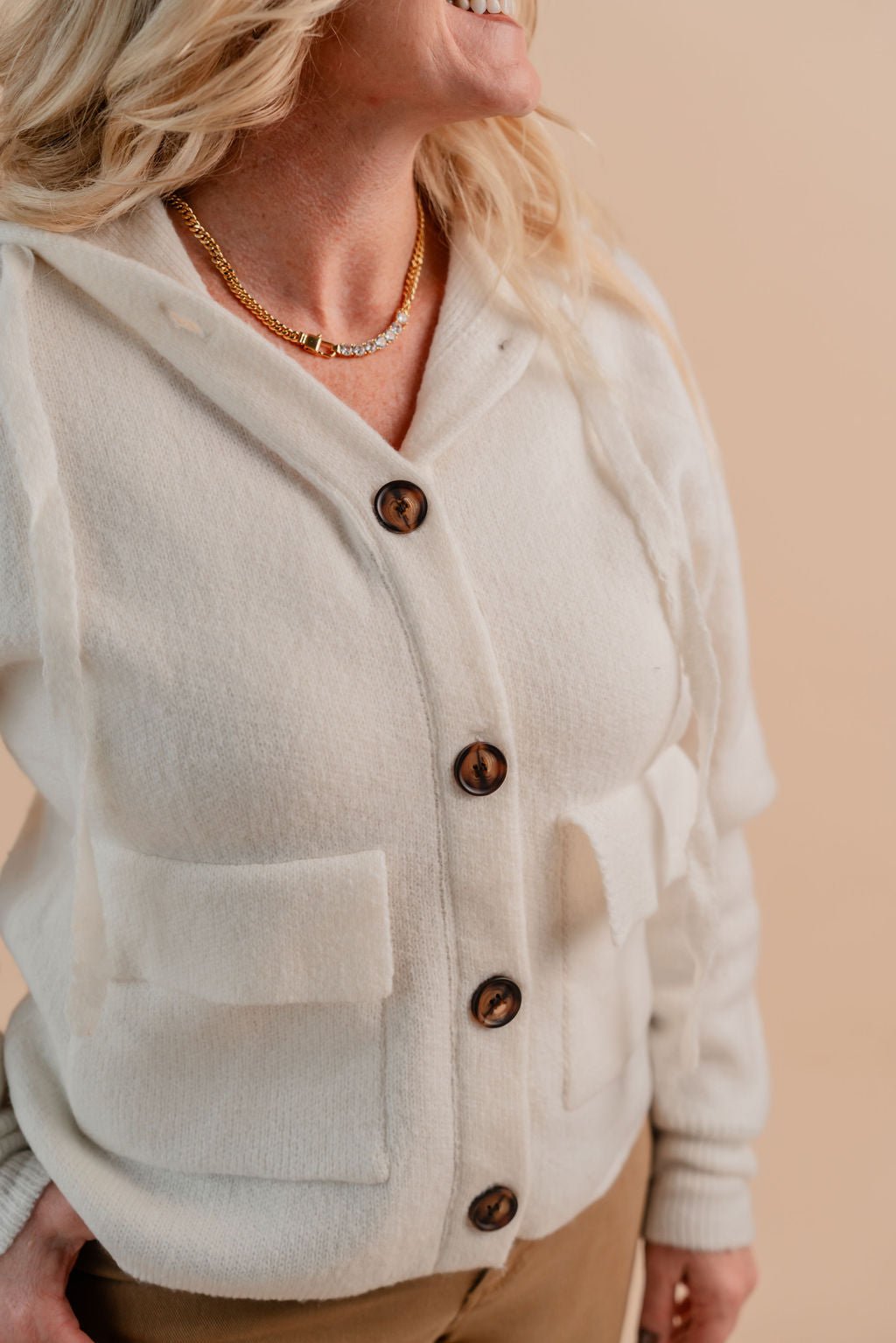 Drawstring Button Closure Long Sleeve Sweater Vest - Mainstream Boutique