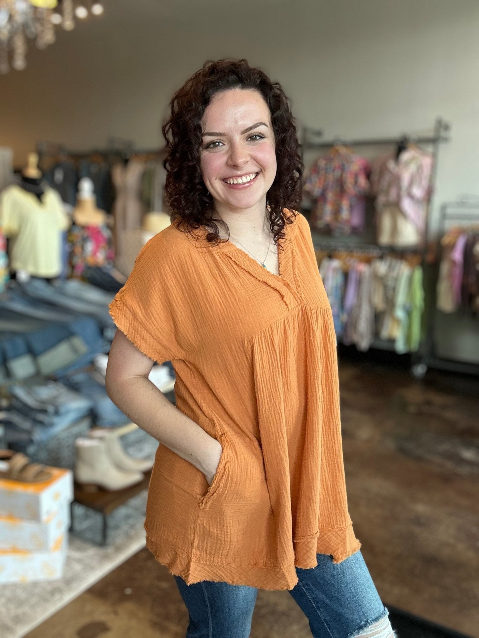 Raw Hem Short Sleeve V - Neck Gauze Top - Mainstream Boutique