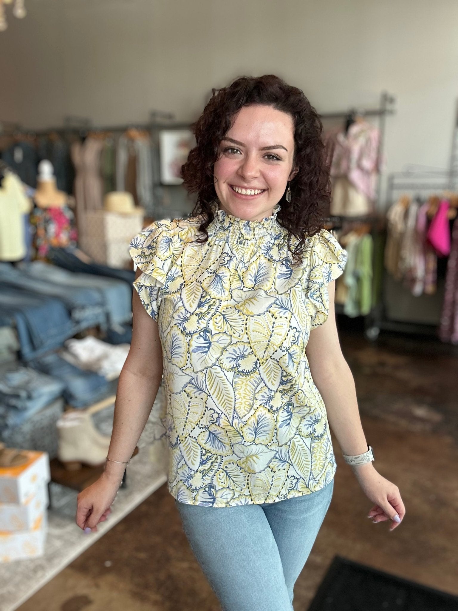 Smock Neck Print Top - Mainstream Boutique