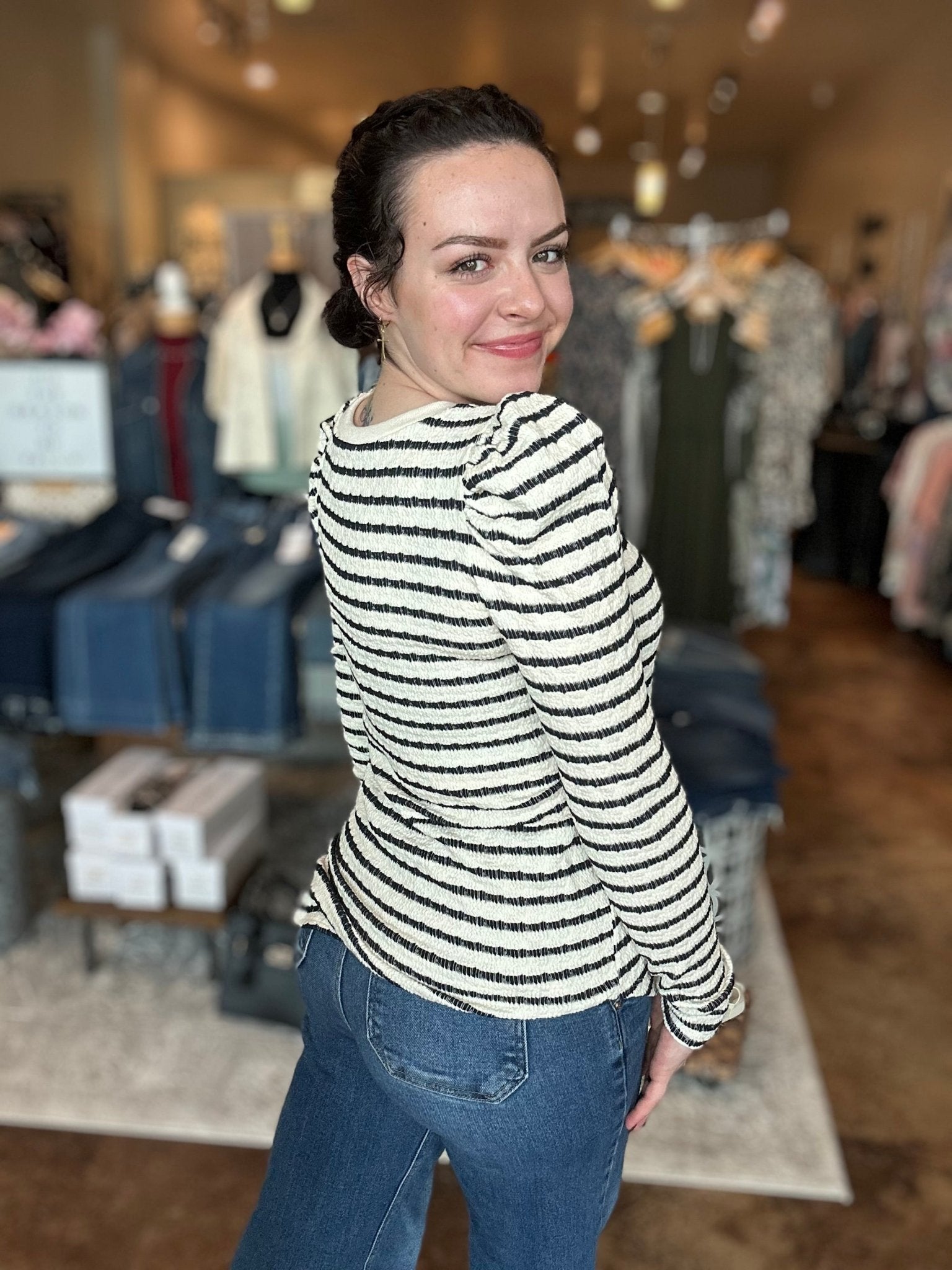 Striped Long Puff Sleeve Top - Mainstream Boutique
