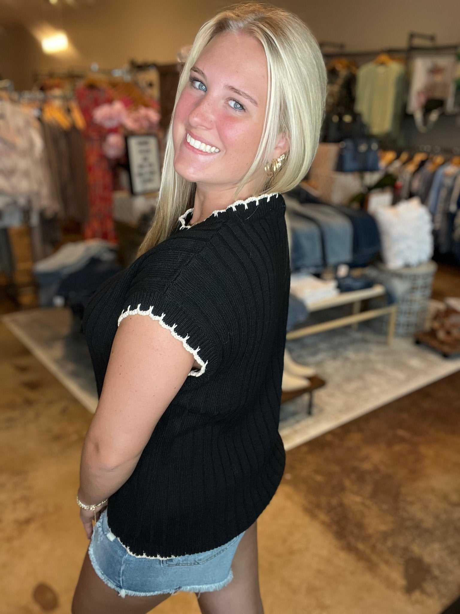 Stripe Knit Sweater With Contrast Scallop Edge - Mainstream Boutique