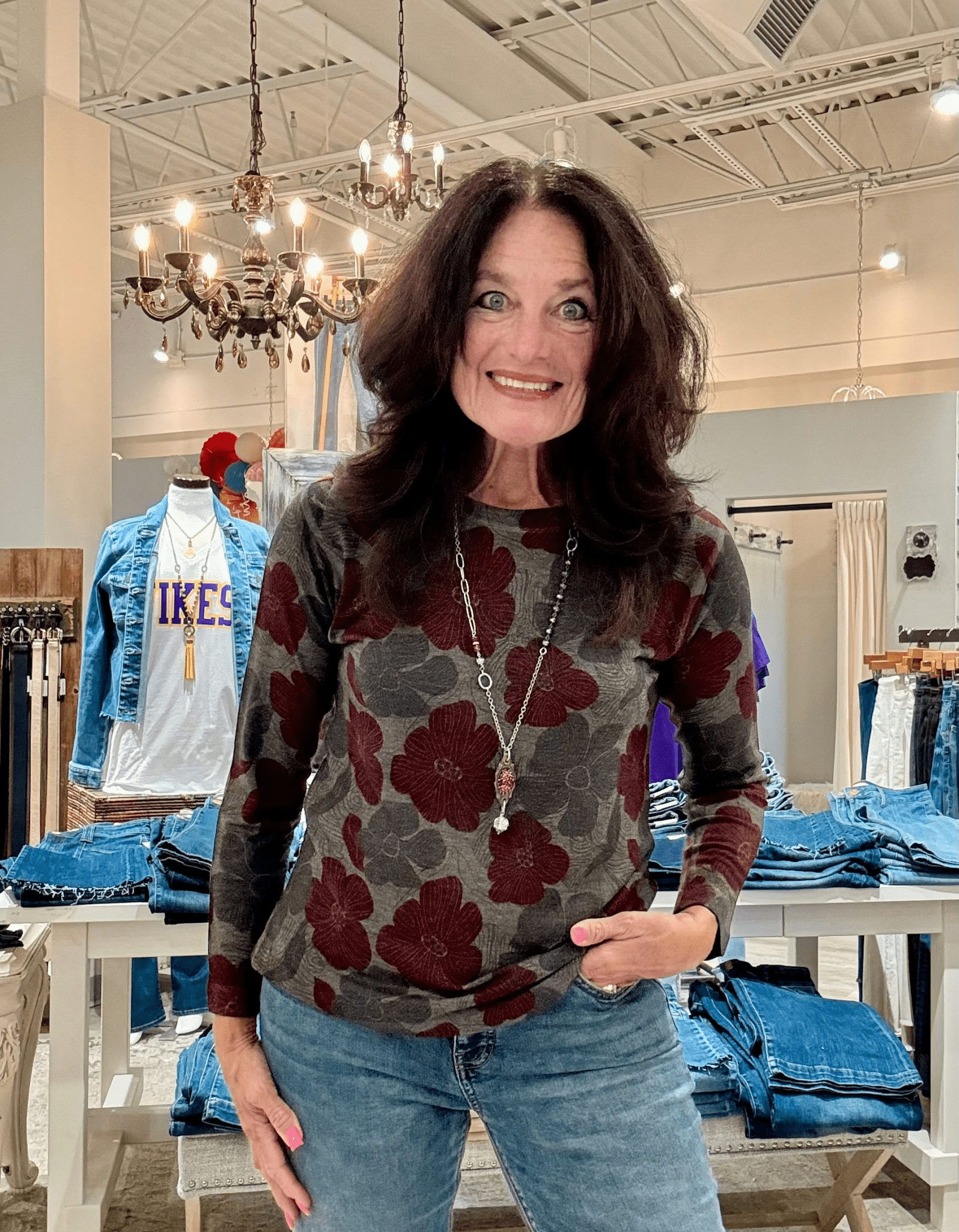 Printed Floral Long Sleeve Crew Neck Top