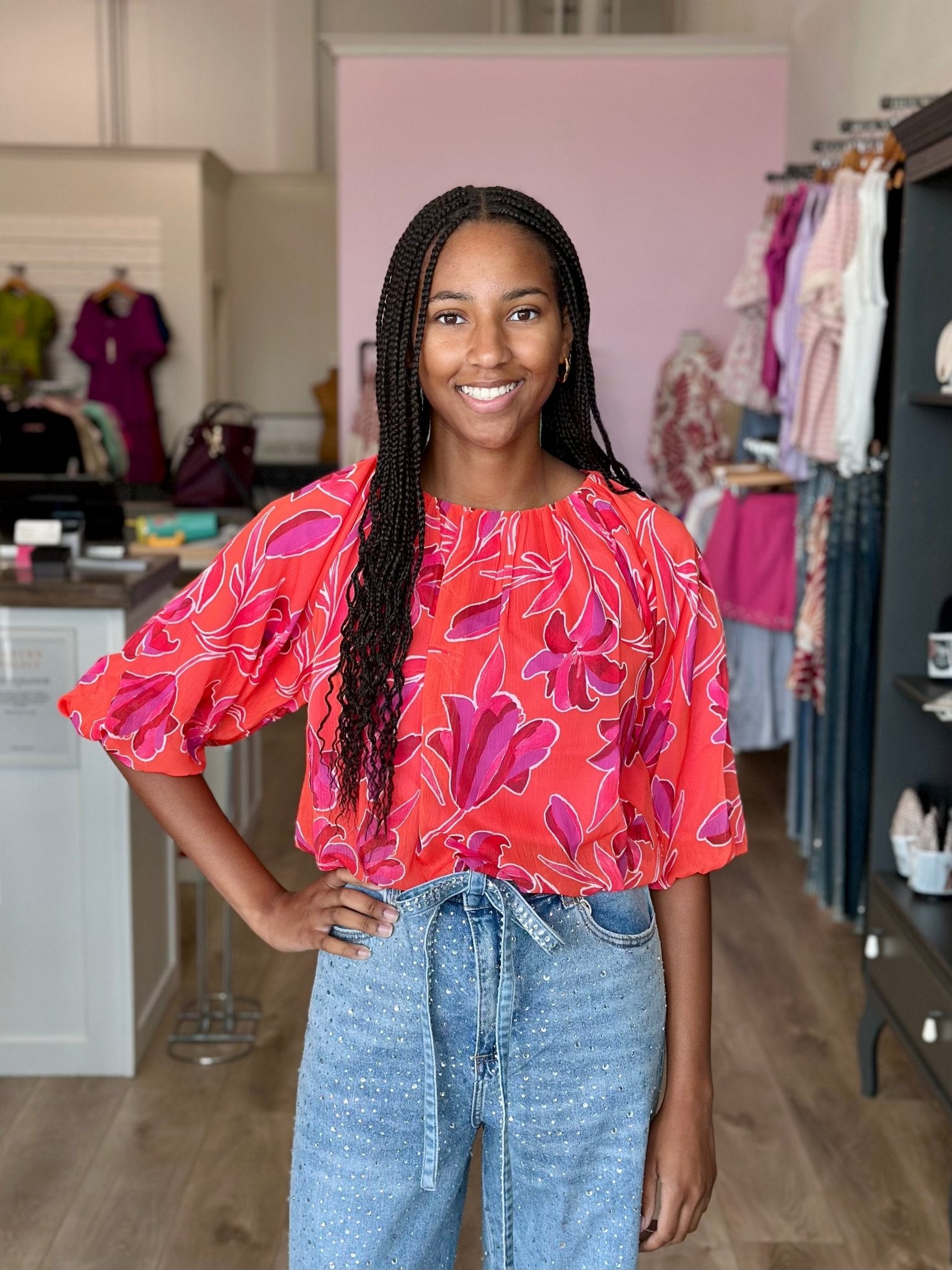PUFF SLEEVE FLOWY FLOWER BLOUSE - Mainstream Boutique