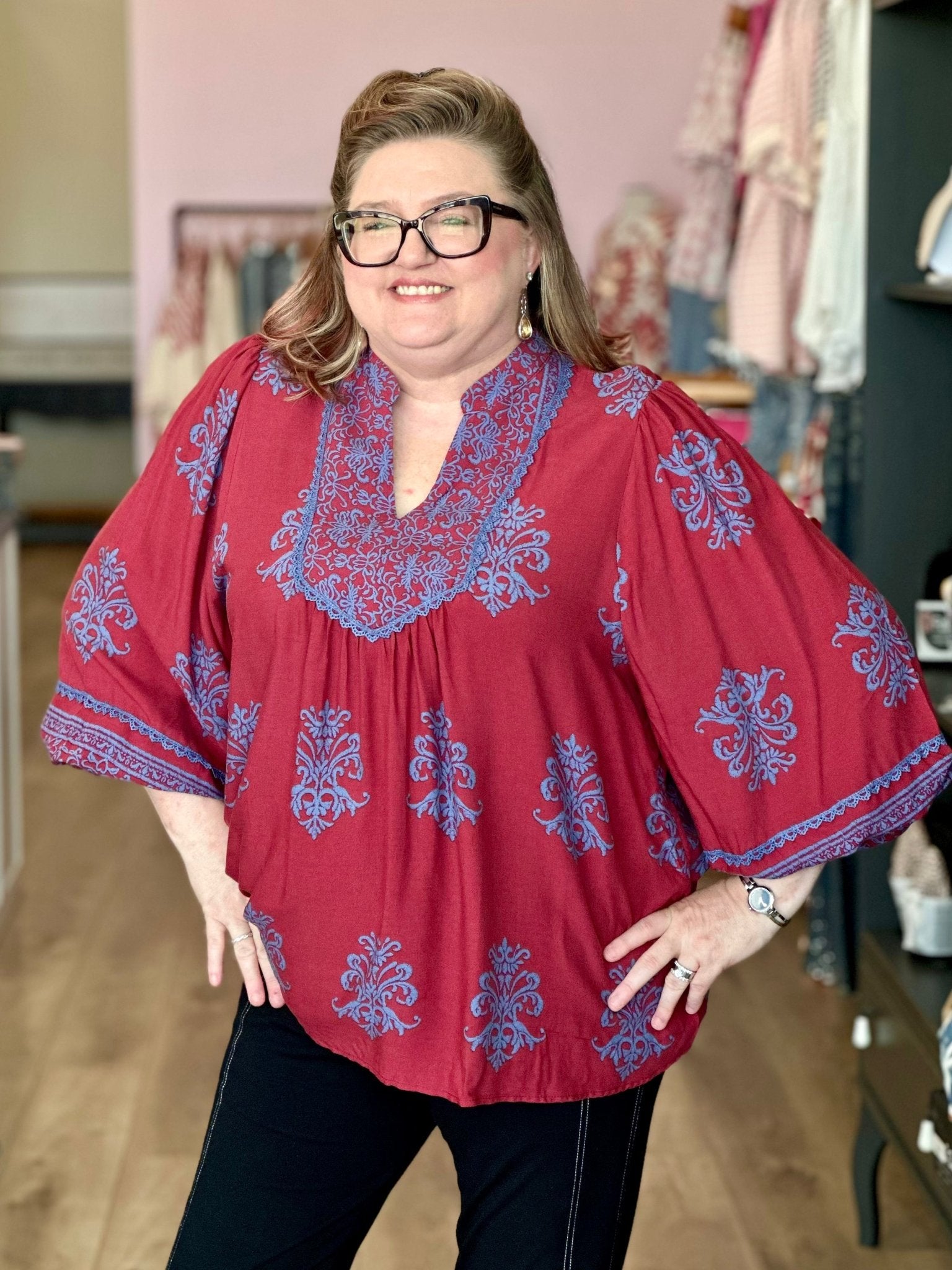 Plus Size Boho Printed Rayon Challis Blouse Top - Mainstream Boutique